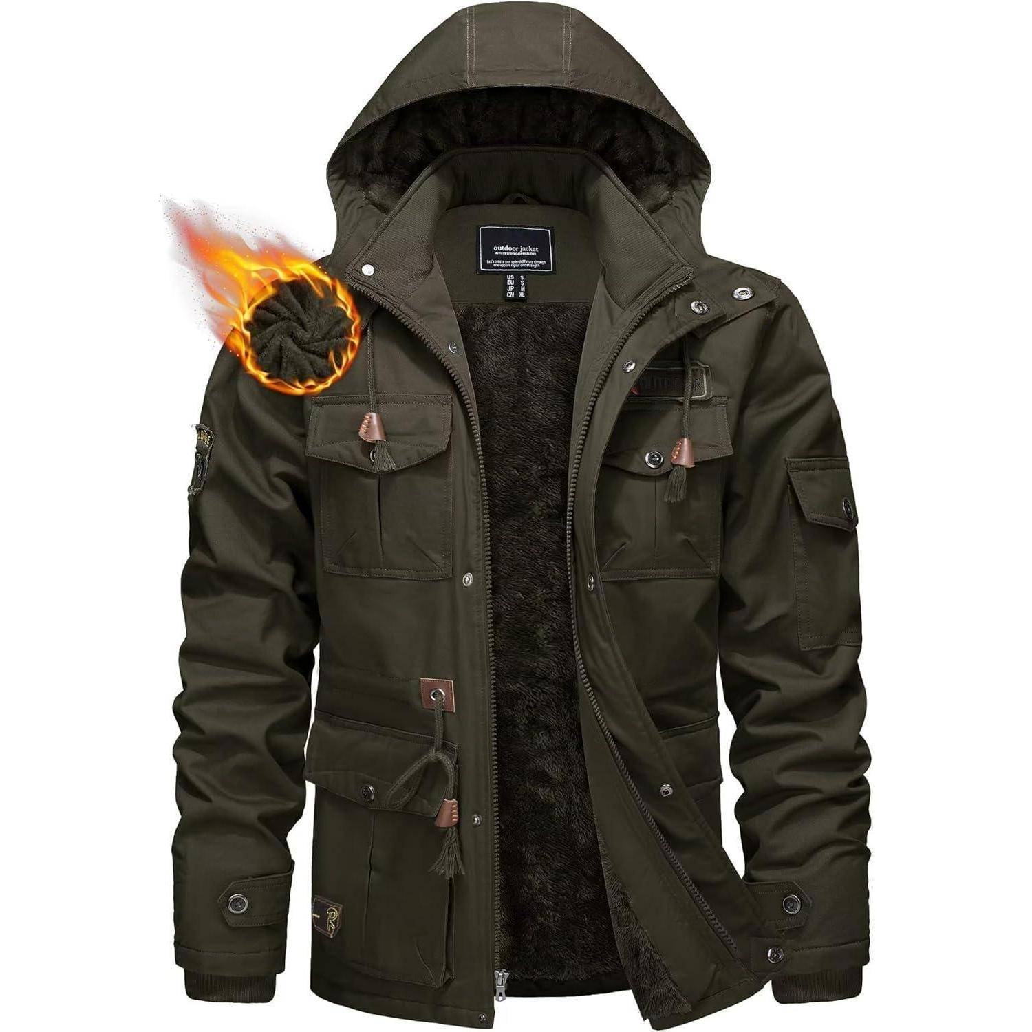 Winterparka Herren Fleece Gefüttert Kapuze Taschen M Dunkeloliv