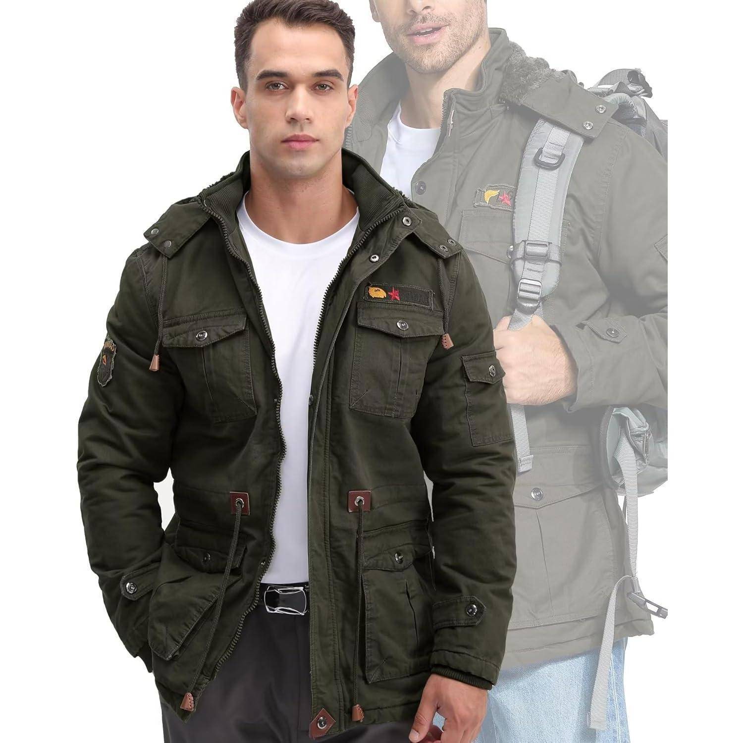 Winterparka Herren Fleece Gefüttert Kapuze Taschen M Dunkeloliv