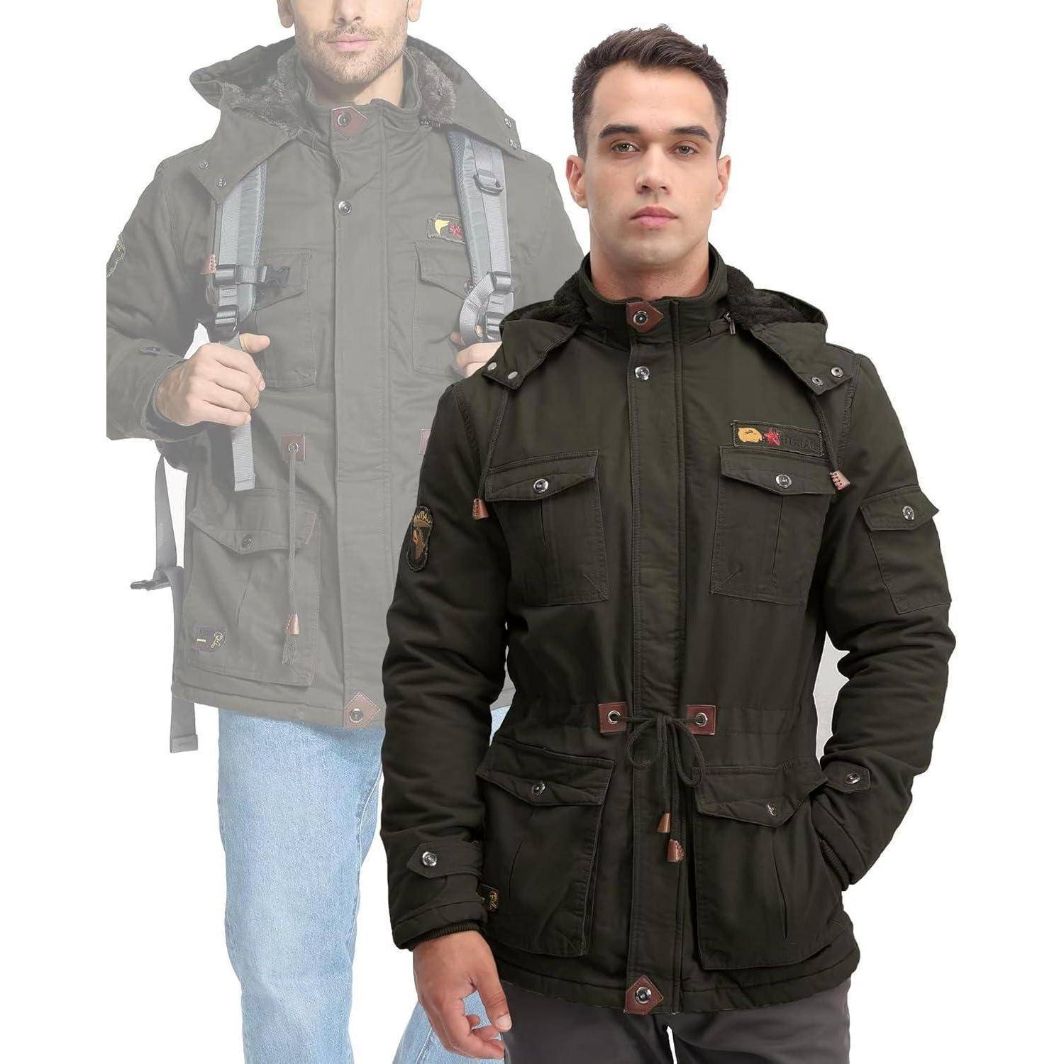 Winterparka Herren Fleece Gefüttert Kapuze Taschen M Dunkeloliv