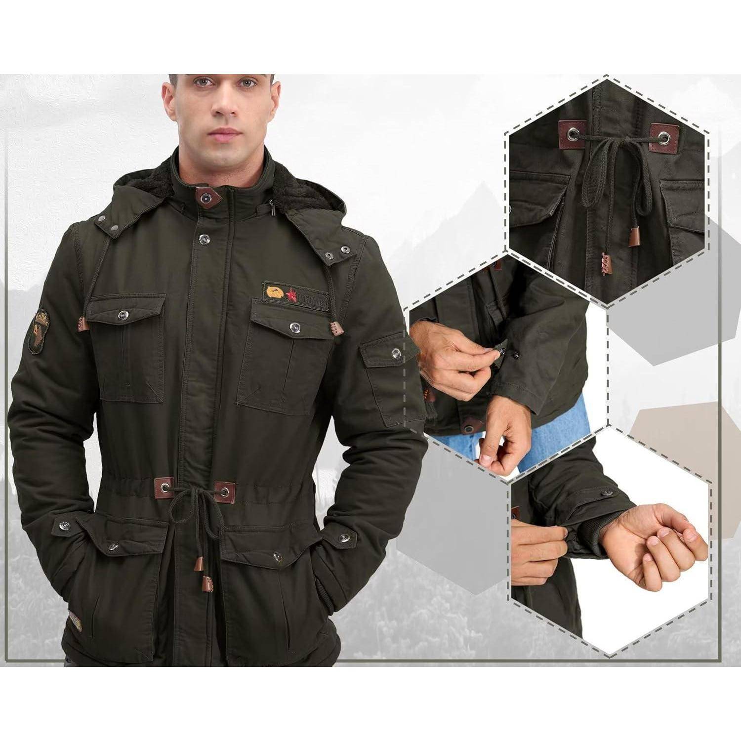 Winterparka Herren Fleece Gefüttert Kapuze Taschen M Dunkeloliv