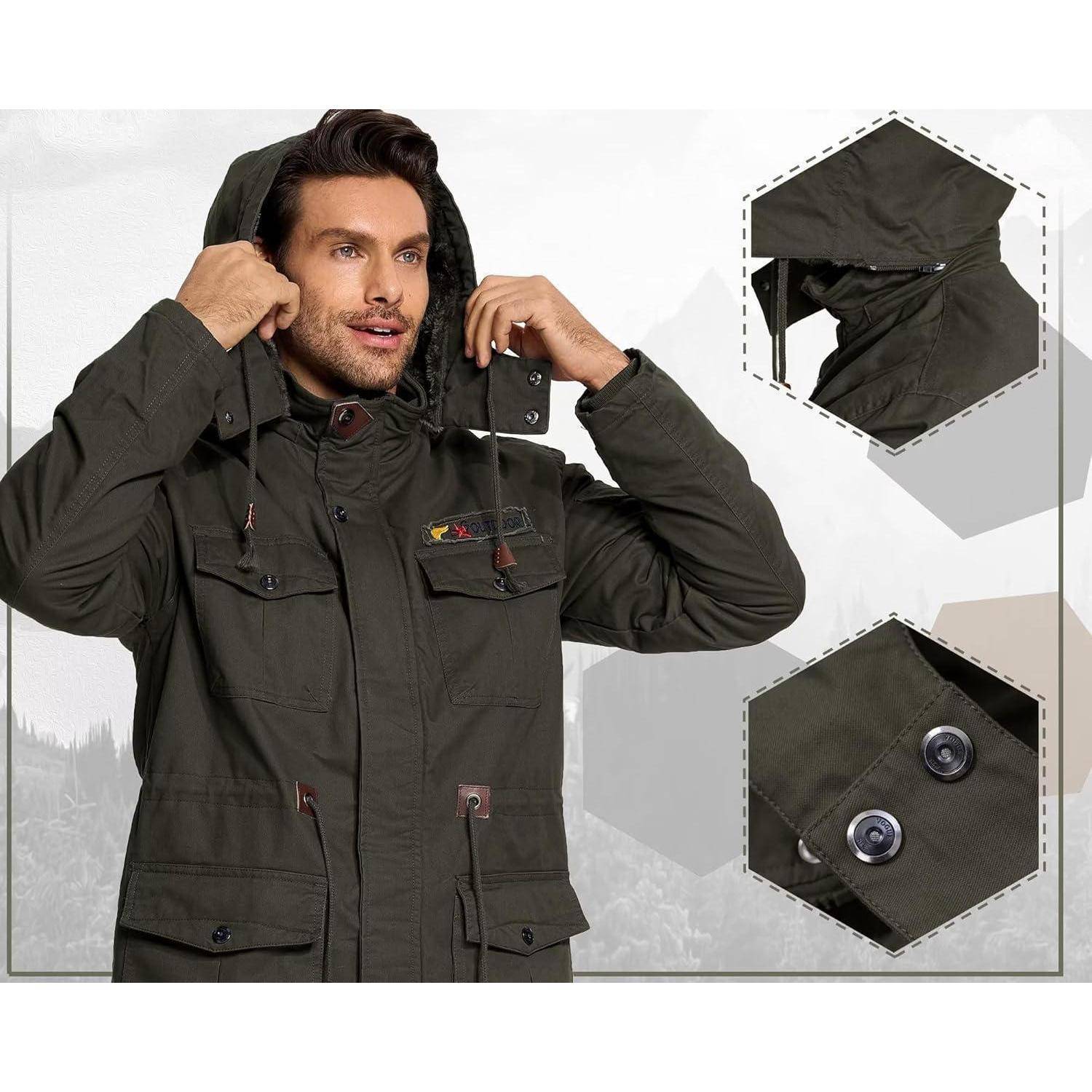 Winterparka Herren Fleece Gefüttert Kapuze Taschen M Dunkeloliv