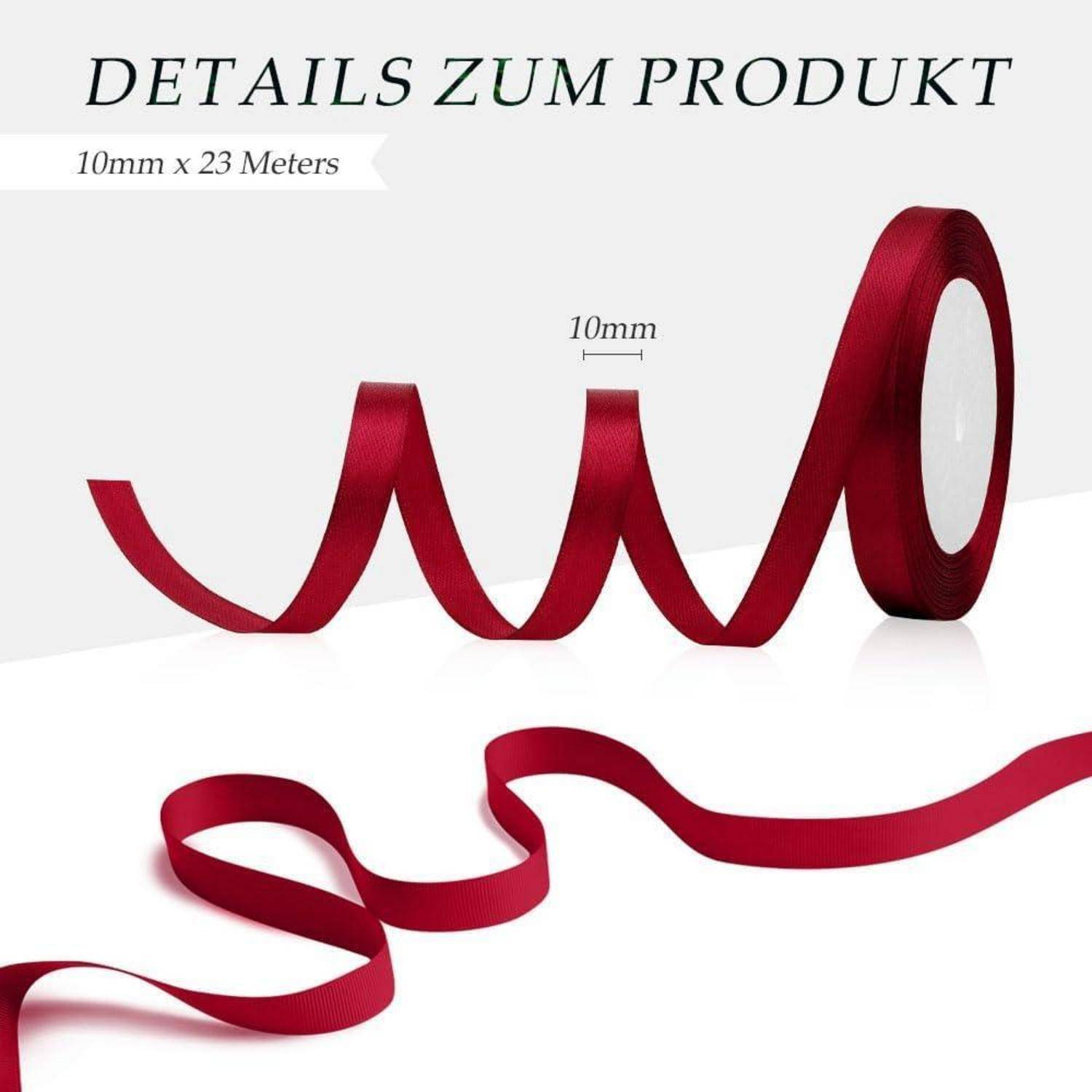 Rotes Geschenkband, 10 mm breit, 23 Meter lang, mit Schlaufen präsentiert. Text lautet: 'PRODUKTDETAILS'.