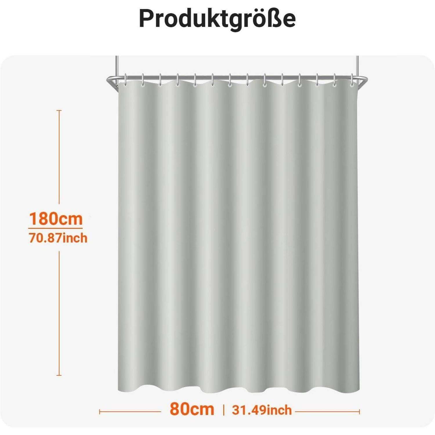 Duschvorhang mit Maßangaben: Höhe 180 cm (70,87 Zoll), Breite 80 cm (31,49 Zoll), in beige Farbe.