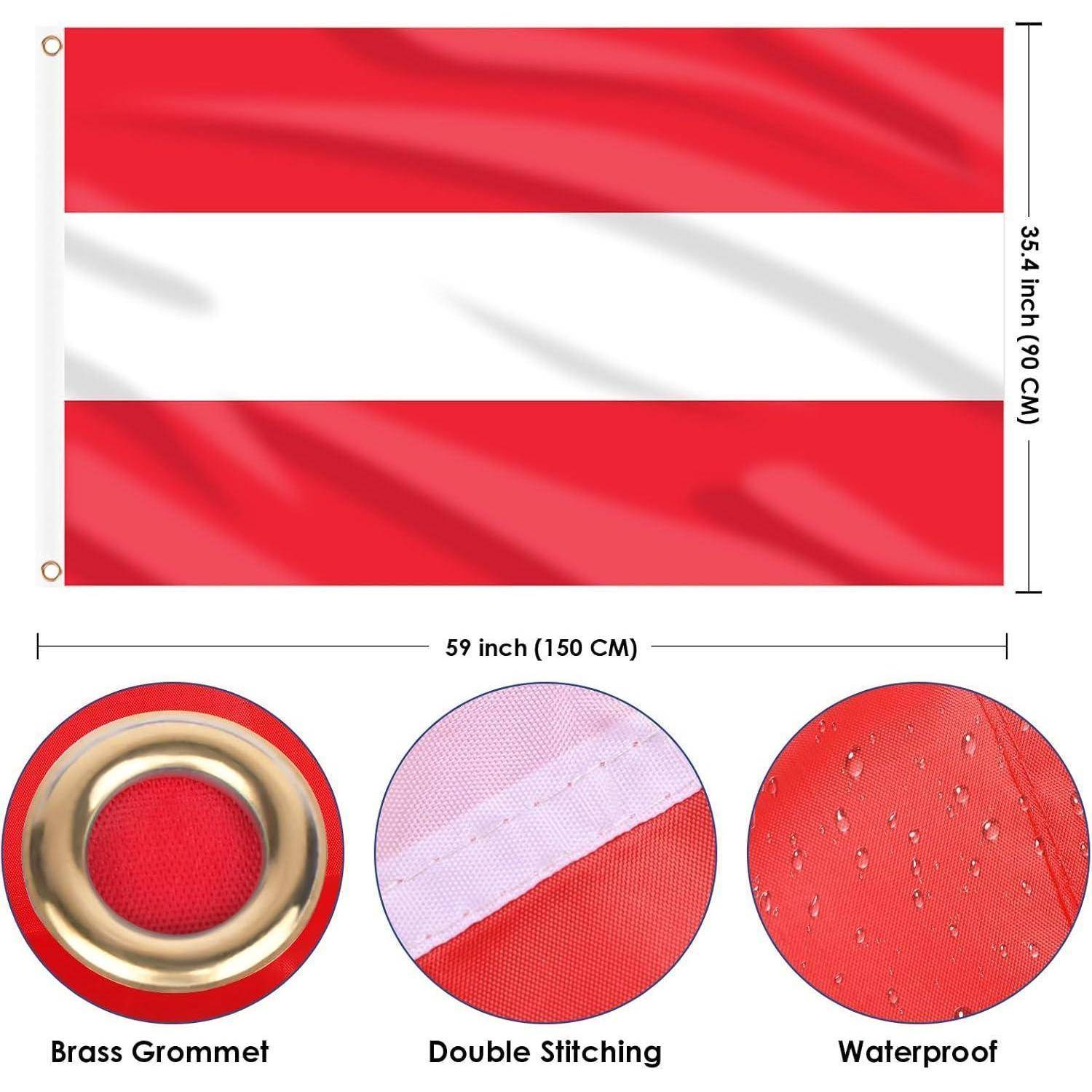 Das Bild zeigt eine rot-weiß horizontal gestreifte Flagge mit den Maßen 59 x 35,4 Zoll (150 x 90 cm), Messingösen, doppelter Naht und wasserdichtem Stoff.