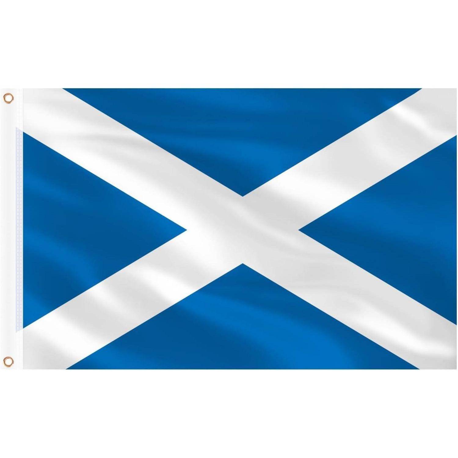 Das Bild zeigt die Flagge von Schottland mit einem weißen diagonalen Kreuz auf blauem Hintergrund, bekannt als Andreaskreuz.
