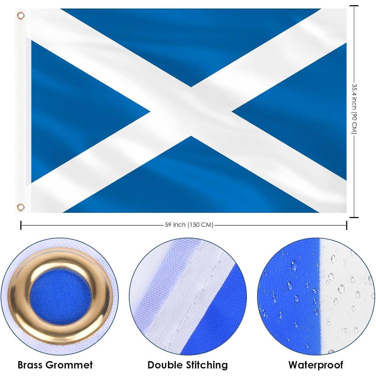 Schottische Flagge mit einem weißen Andreaskreuz auf blauem Untergrund. Merkmale umfassen Messingösen, doppelte Nähte und wasserdichtes Material.