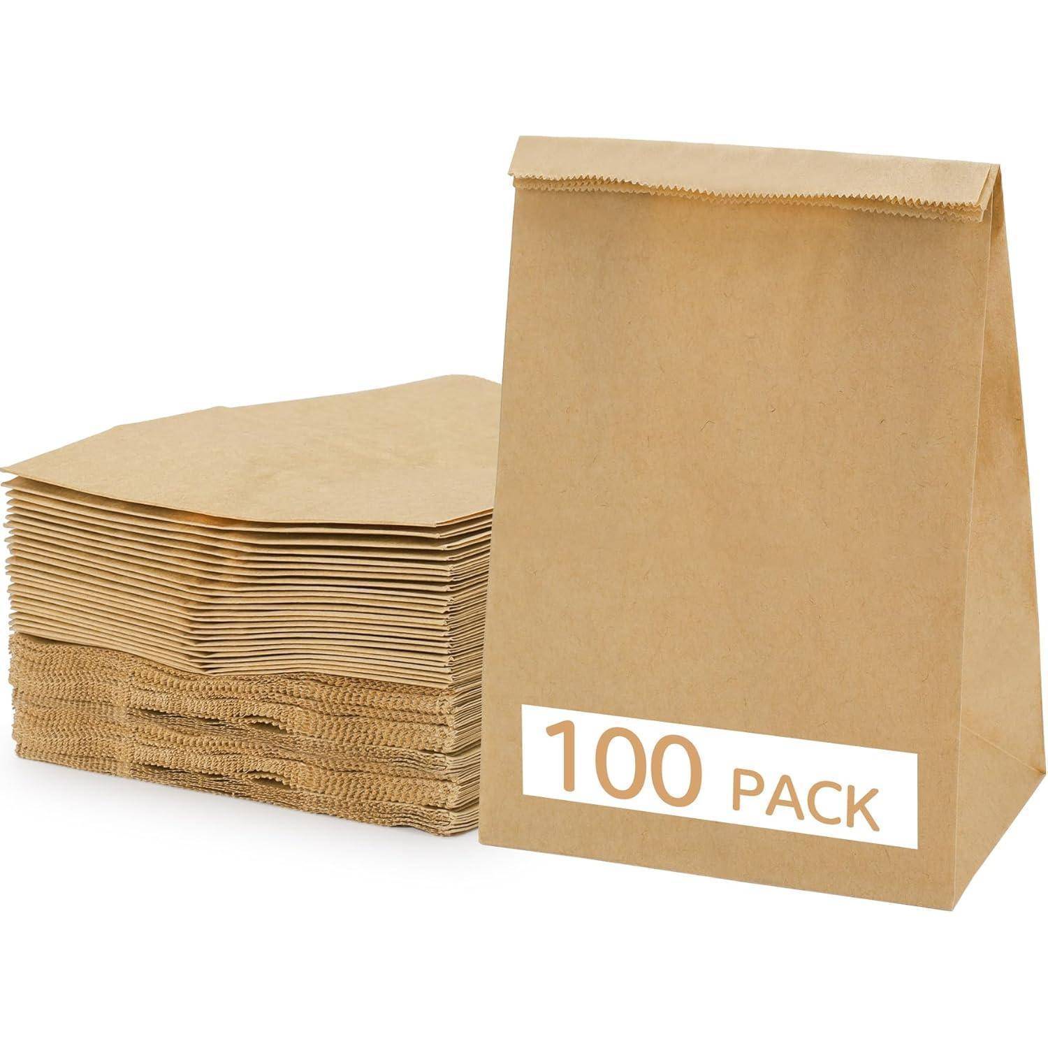 Braune Papiertüten, 100er-Pack.' Das Bild zeigt einen Stapel flacher, nicht gefalteter brauner Papiertüten neben einer aufrecht stehenden gefalteten Tüte mit der Beschriftung '100er-Pack'.