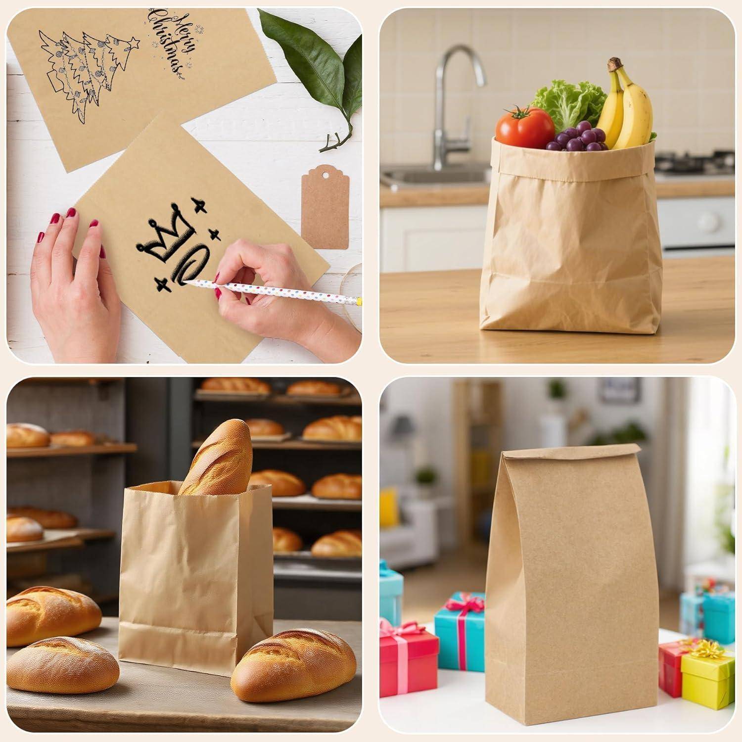 „Collage einer Person, die auf einer Karte zeichnet, mit Lebensmitteln in einer Papiertüte, Brot in einer Papiertüte und einer leeren Papiertüte mit Geschenken in der Nähe.