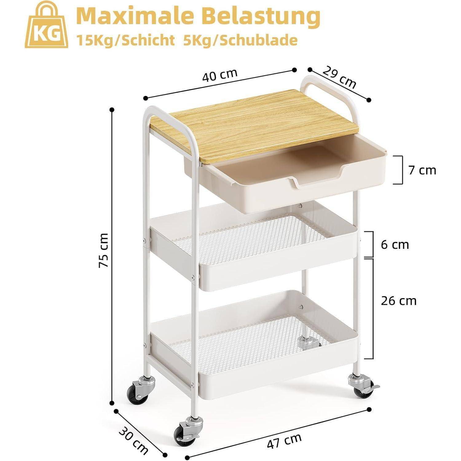 Aufbewahrungswagen 3 Ebenen Tischplatte Metall Küche Büro Creme farbe