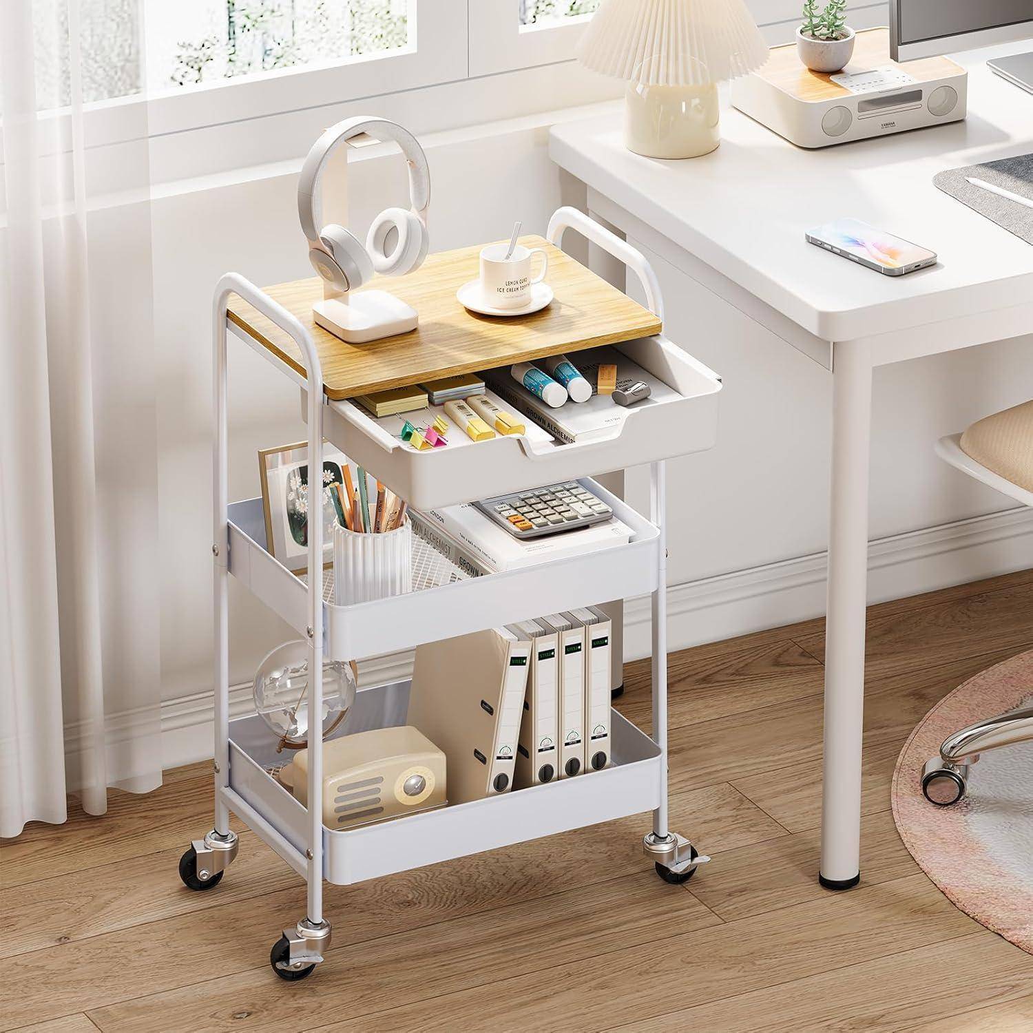 Aufbewahrungswagen 3 Ebenen Tischplatte Metall Küche Büro Creme farbe
