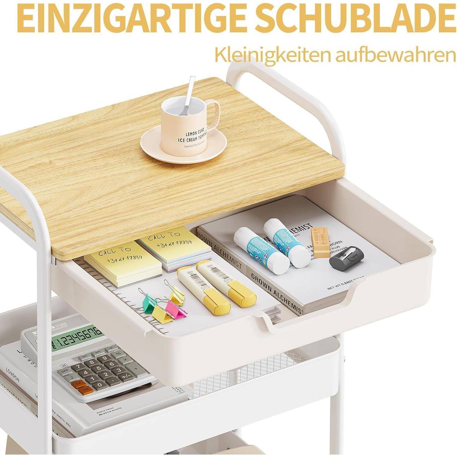 Aufbewahrungswagen 3 Ebenen Tischplatte Metall Küche Büro Creme farbe