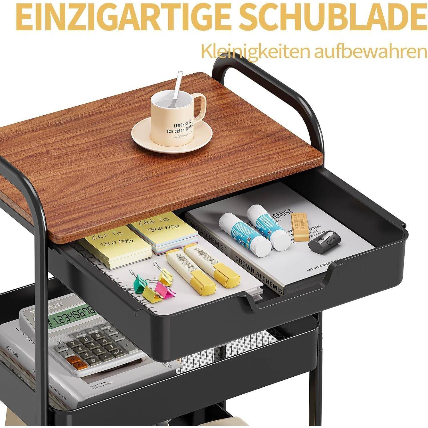 Rollwagen Metallwagen 3 Ebenen Tischplatte Küche Bad Büro Schwarz