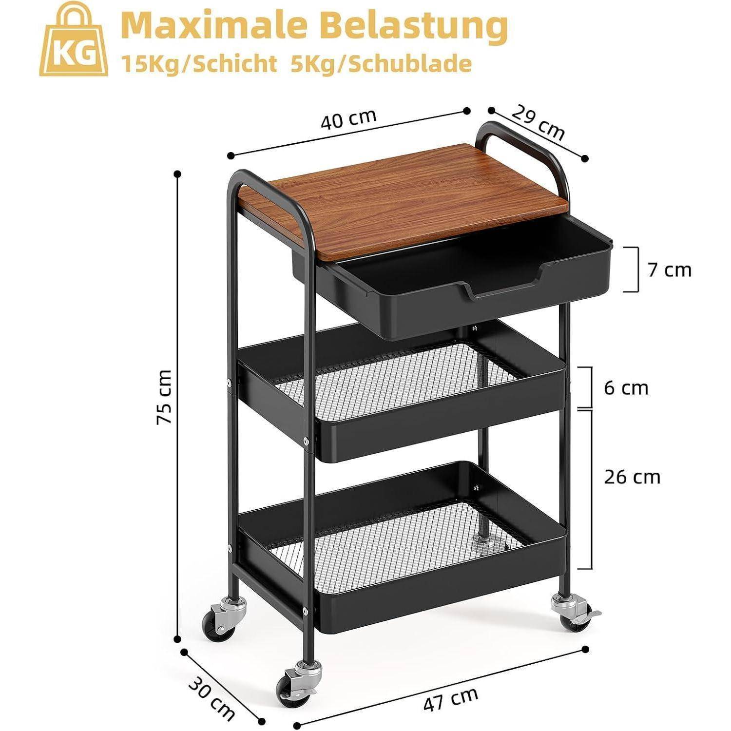 Rollwagen Metallwagen 3 Ebenen Tischplatte Küche Bad Büro Schwarz