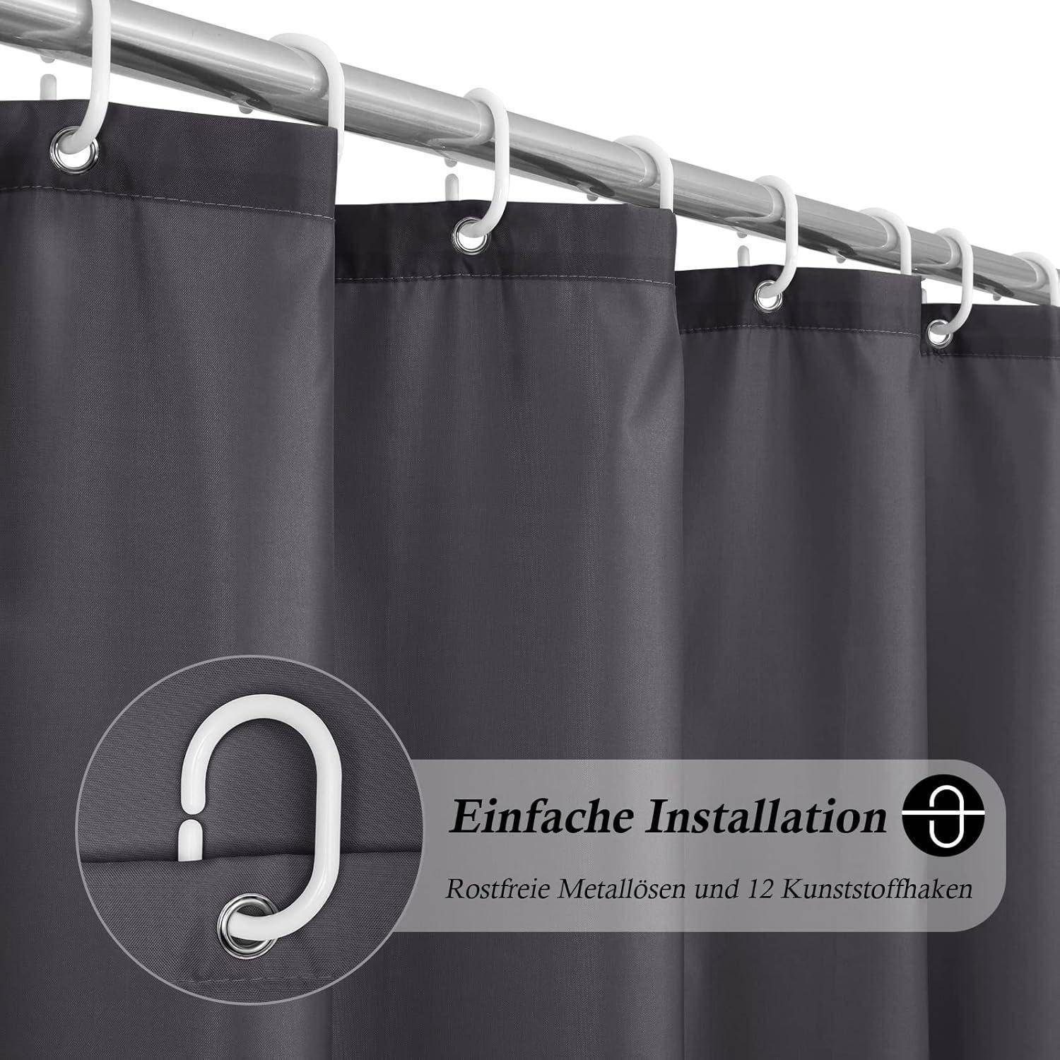 Dunkelgraue Duschvorhang mit Metalltüllen und 12 Plastikaufhängern. Textüberlagerung liest sich 'Einfache Installation' und beschreibt einfache Einrichtung.