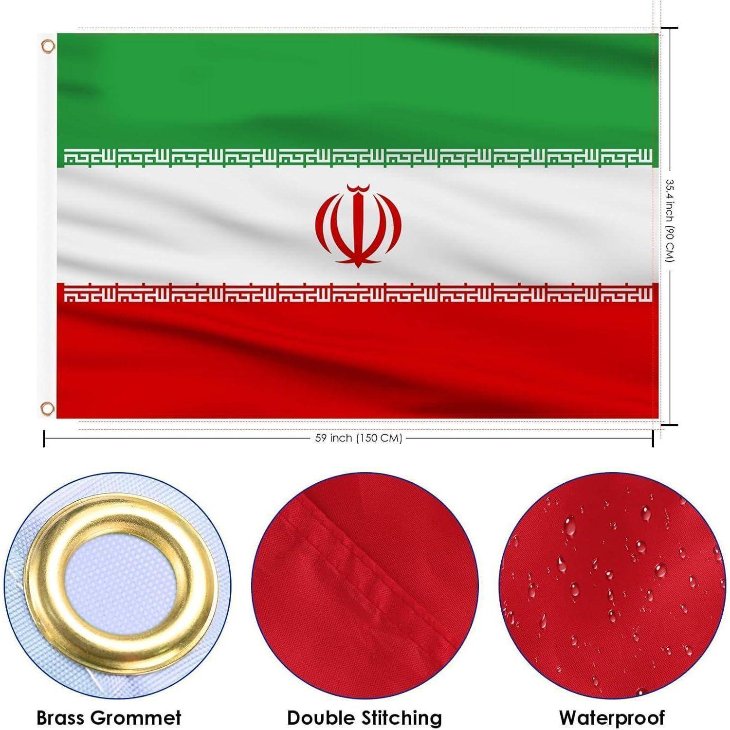 Flagge des Iran mit horizontalen grünen, weißen und roten Streifen, die ein rotes Emblem trägt. Einlagen zeigen Messinghaken, doppelte Naht und Wasserbeständigkeit.