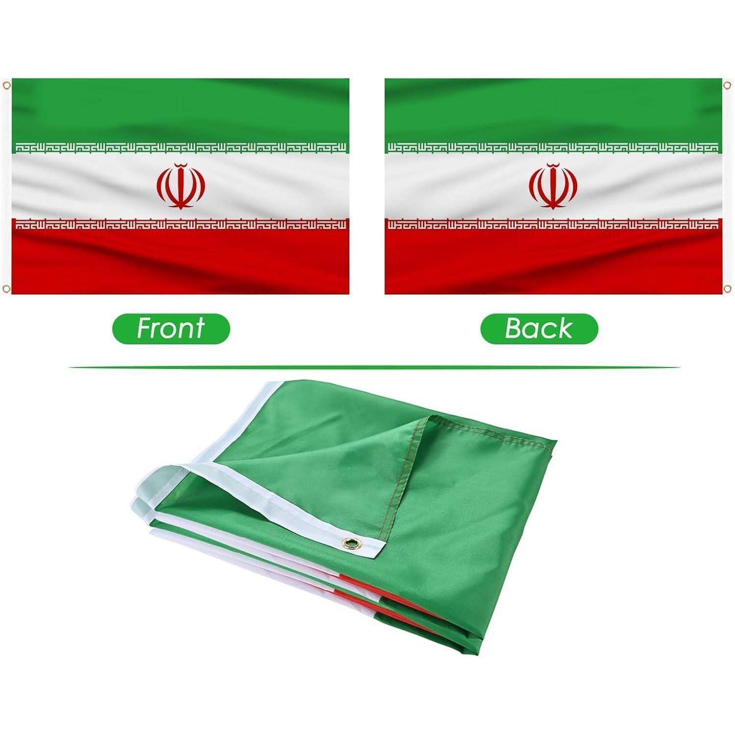 Vorder- und Rückansicht der iranischen Flagge mit horizontalen grünen, weißen und roten Streifen und dem nationalen Emblem in der Mitte.
