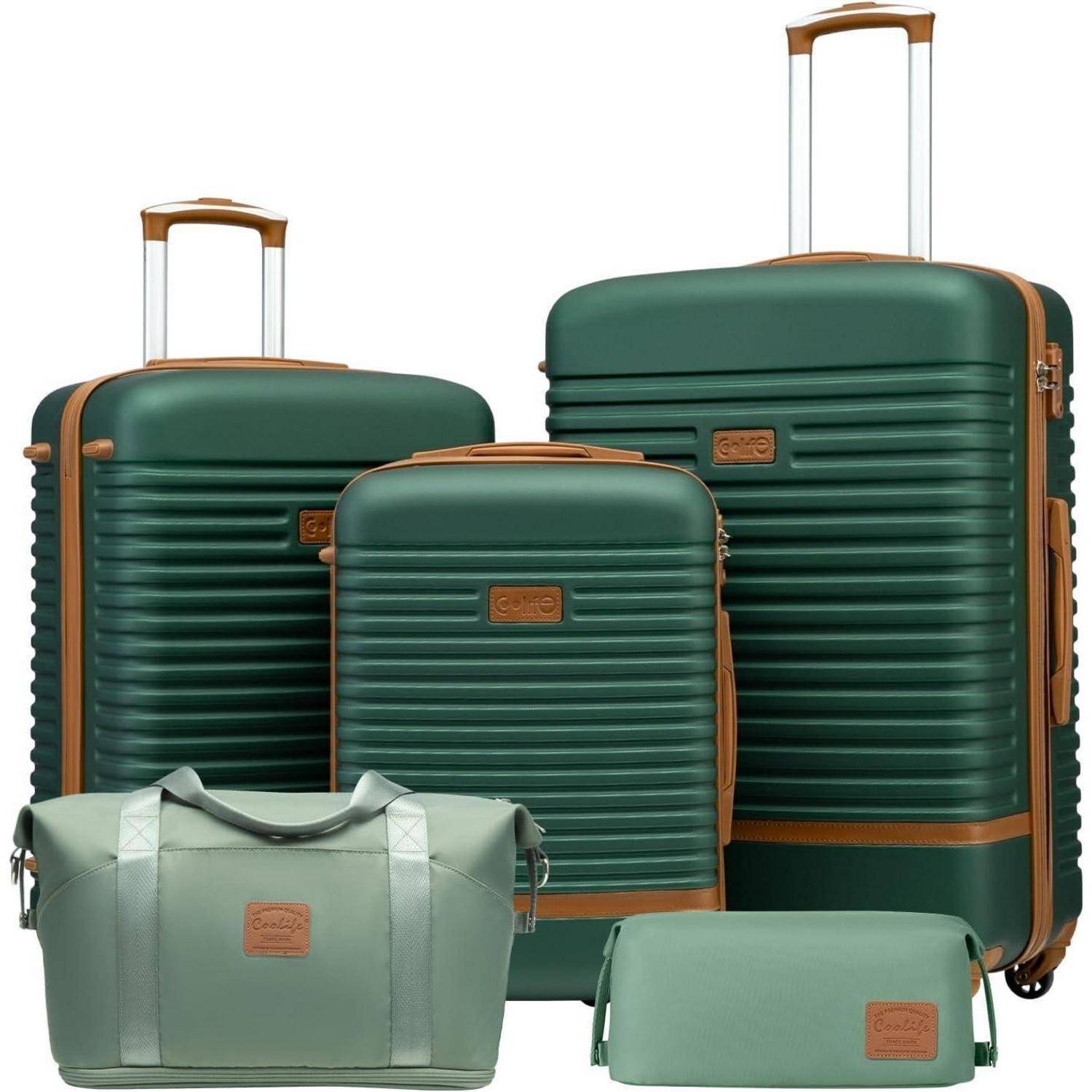 Koffer Set 5tlg ABS Hartschale 360 Dunkelgrün Braun Koffer-Set 5tlg