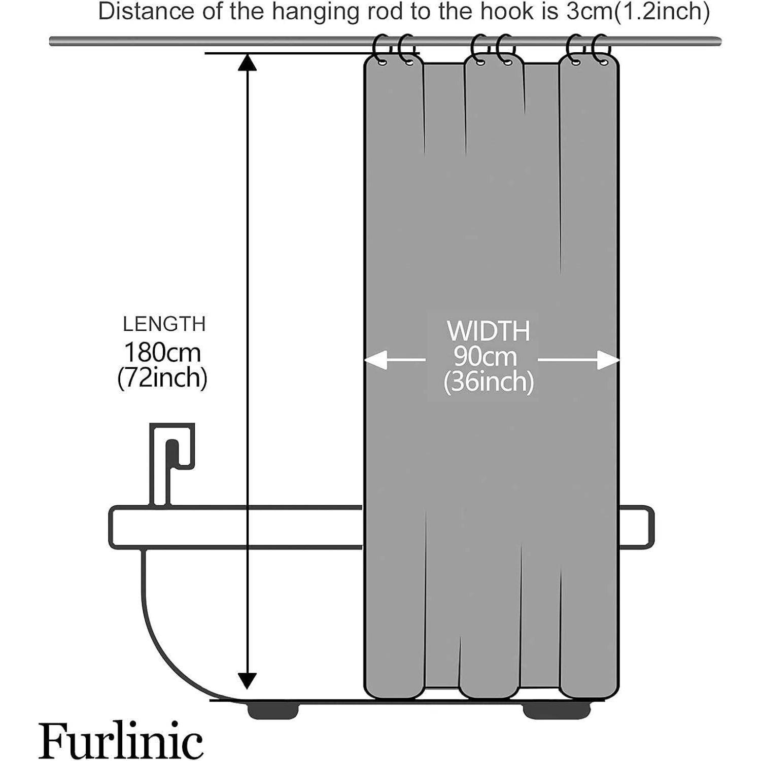Darstellung einer Badewanne mit einem Duschvorhang. Vorhangsabmessungen: Breite: 90 cm (36 Zoll), Länge: 180 cm (72 Zoll).