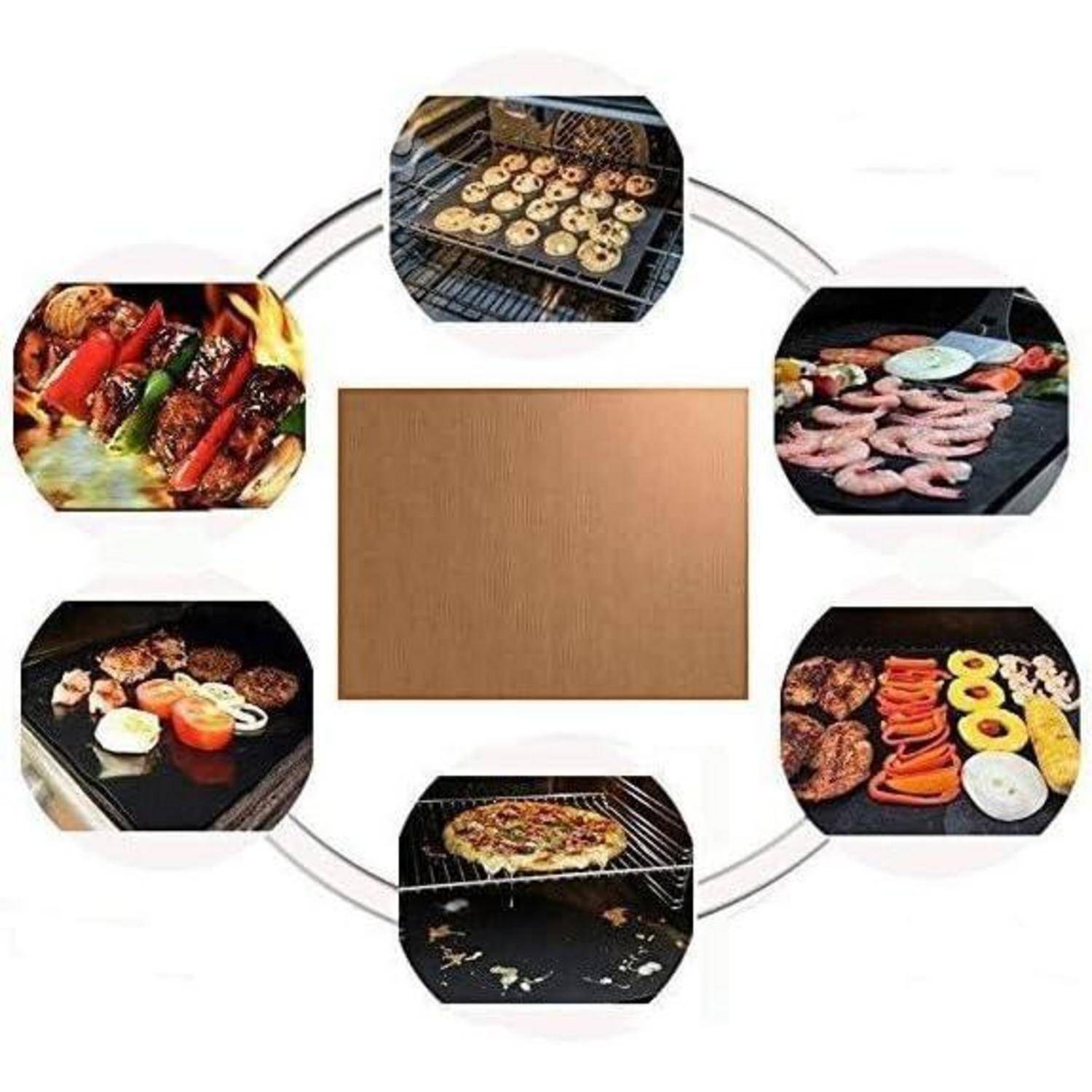 Eine Grafik zeigt eine Reihe von gegrillten Speisen: Spieße, Kekse, Garnelen, Burger, Gemüse und Pizza, die eine Antihaft-Matte umkreisen.