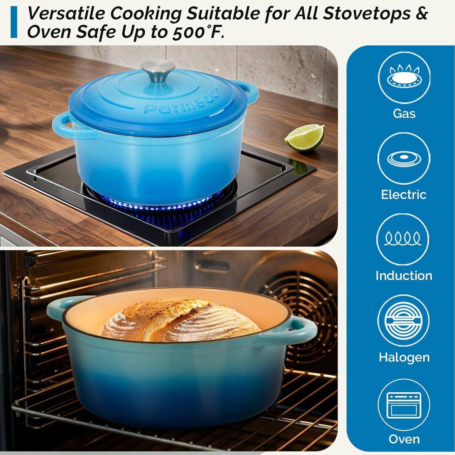 Schmortopf Gusseisen emailliert Deckel Himmelblau 26cm-5.2L