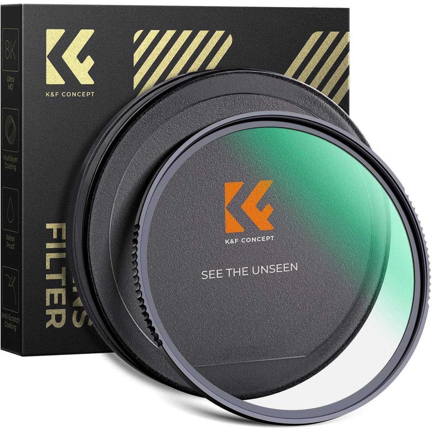 Kamera-Filter in grünlicher Tönung mit 'K&F Concept' Logo daneben, neben der Verpackung. Text: 'Sehe das Unsichtbare'. Box zeigt Eigenschaften wie Nano-Beschichtung.