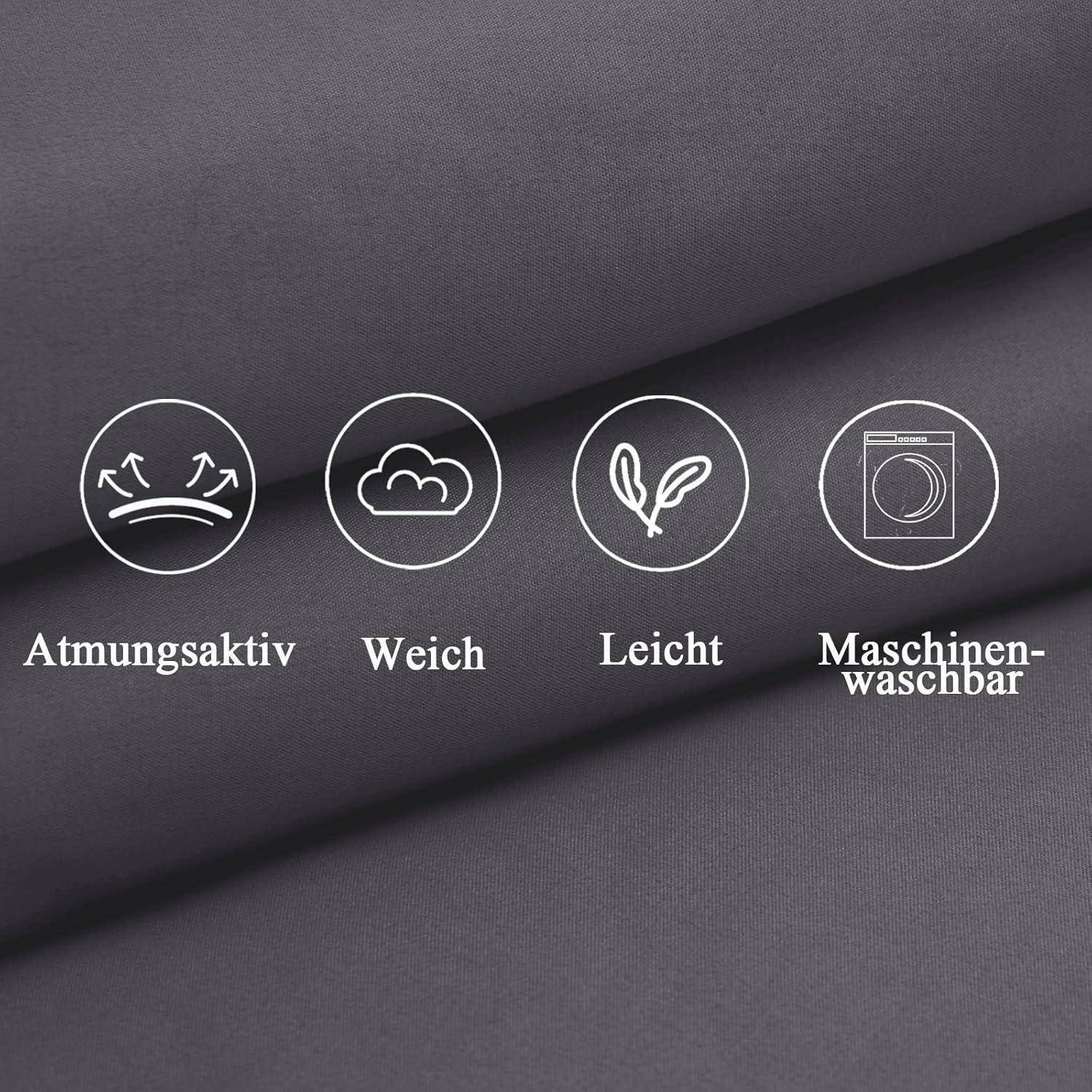Grauer Stoff mit vier Symbolen, die seine Eigenschaften zeigen: 'atmungsaktiv', 'weich', 'leicht' und 'maschinenwäschetauglich