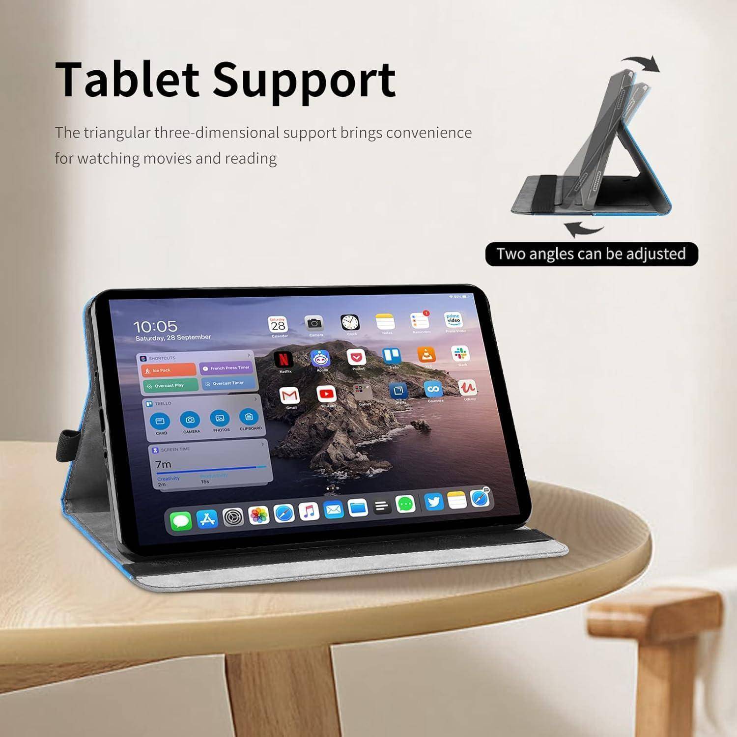 Tablet auf einem Ständer auf einem runden Tisch. Text liest sich: 'Tablet-Halterung', betont die verstellbaren Winkel zum Filmeschauen und Lesen.