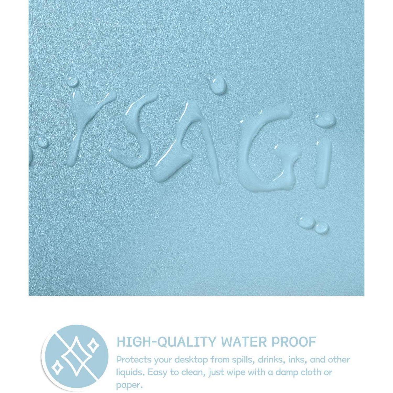 Wassertropfen auf einer hellblauen Oberfläche formen das Wort 'SYAGI'. Darunter steht der Text 'Hochwertig wasserdicht' mit Reinigungshinweisen.