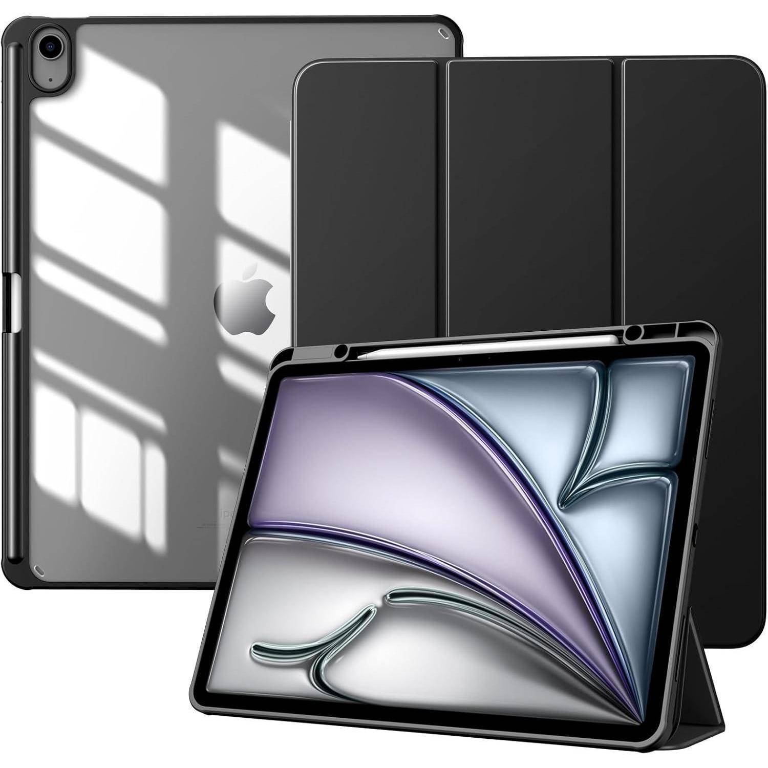 Tablet in einem Schutzgehäuse mit elegantem, schwarzem Design und abstraktem Bildschirmgrafik.