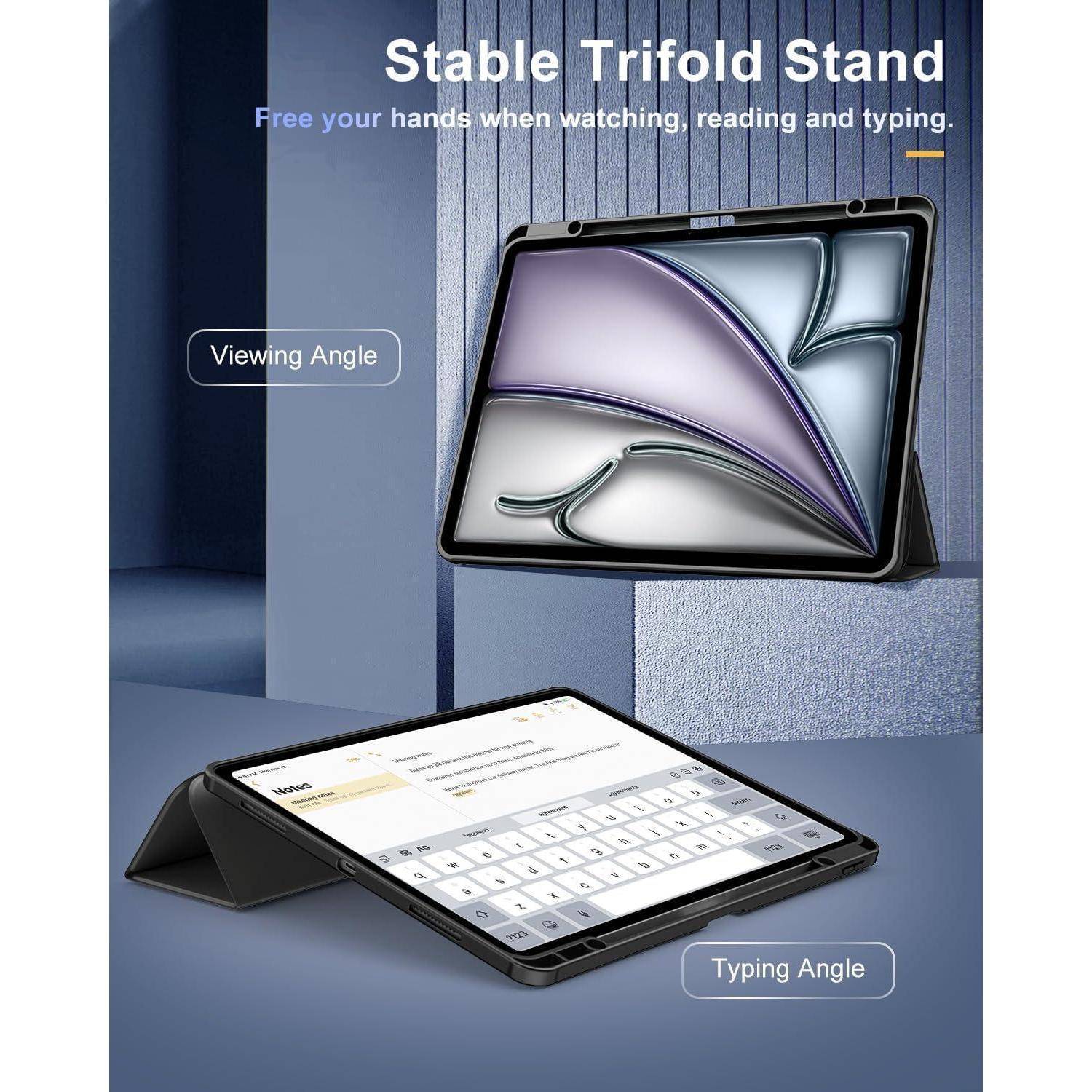 Werbung für den 'Stabilen Dreifach-Ständer' zeigt ein Tablet in zwei Positionen: einem aufrechten Betrachtungswinkel und einem niedrigeren Tippwinkel, in einem minimalistischen Raum.