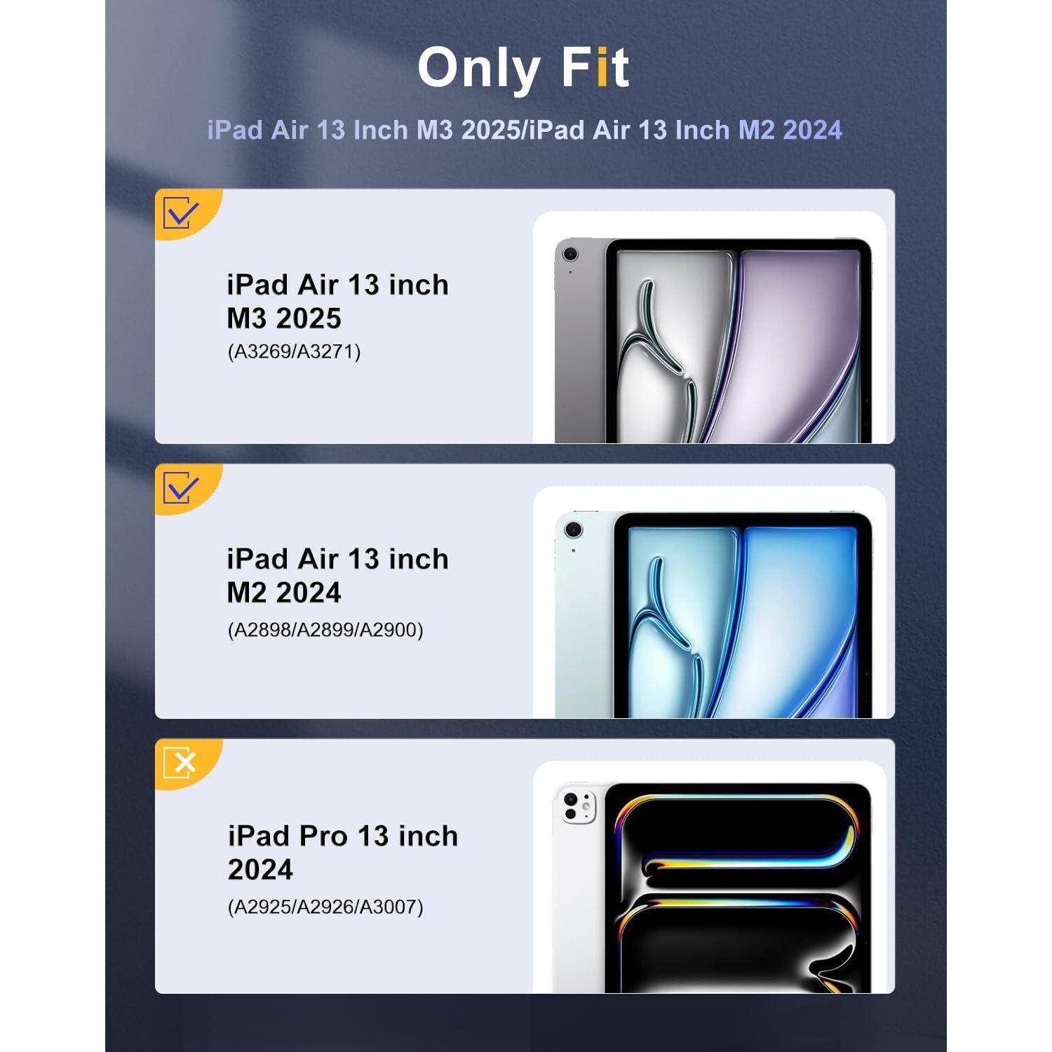 Only Fit' zeigt kompatible iPads: Air 13 Zoll M3 2025, Air 13 Zoll M2 2024 und Pro 13 Zoll 2024 mit Modellnummern für jeden.