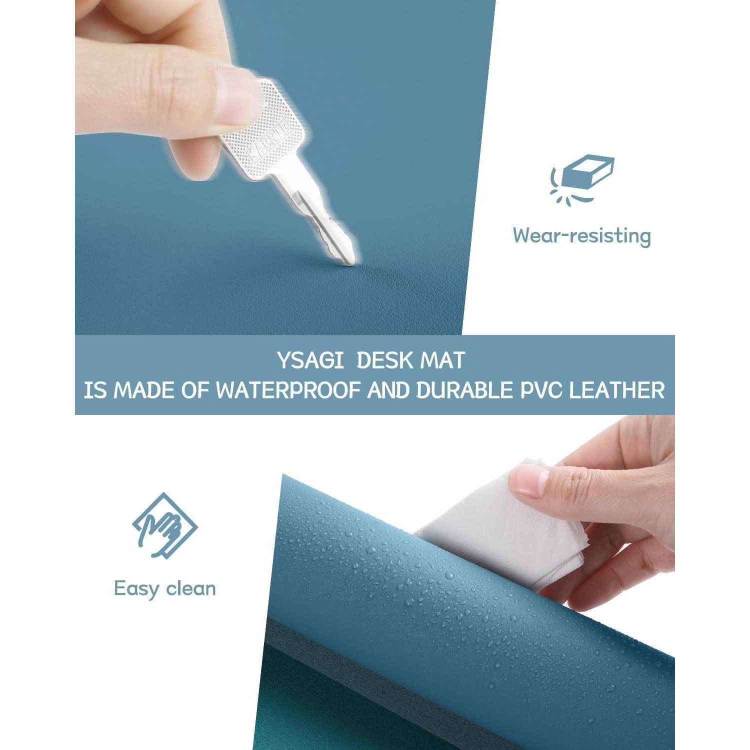 Eine Hand hält einen Schlüssel über eine blaue PVC-Lederunterlage mit dem Text: 
