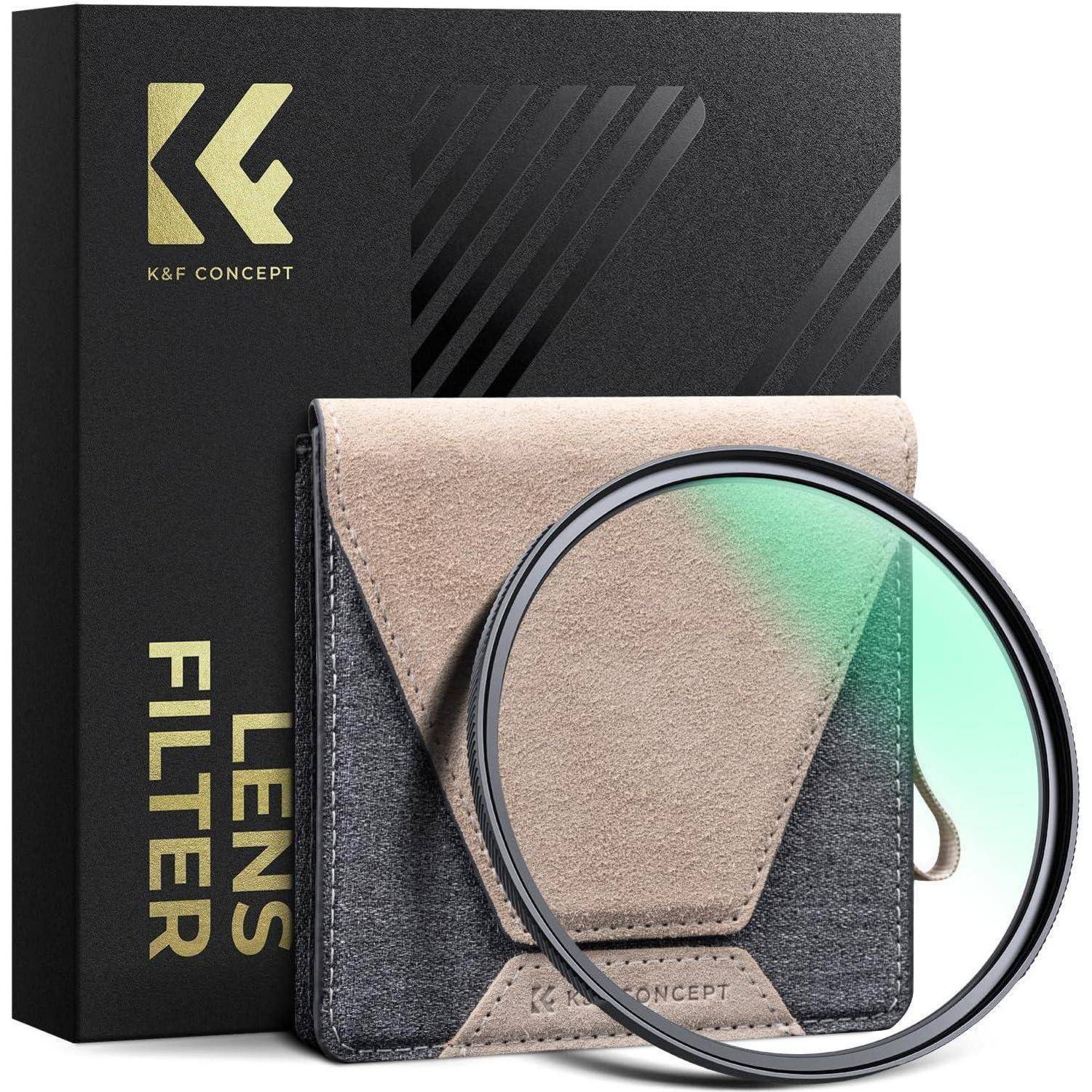 K&F Concept Objektivfilter mit Etui, neben der Verpackung.