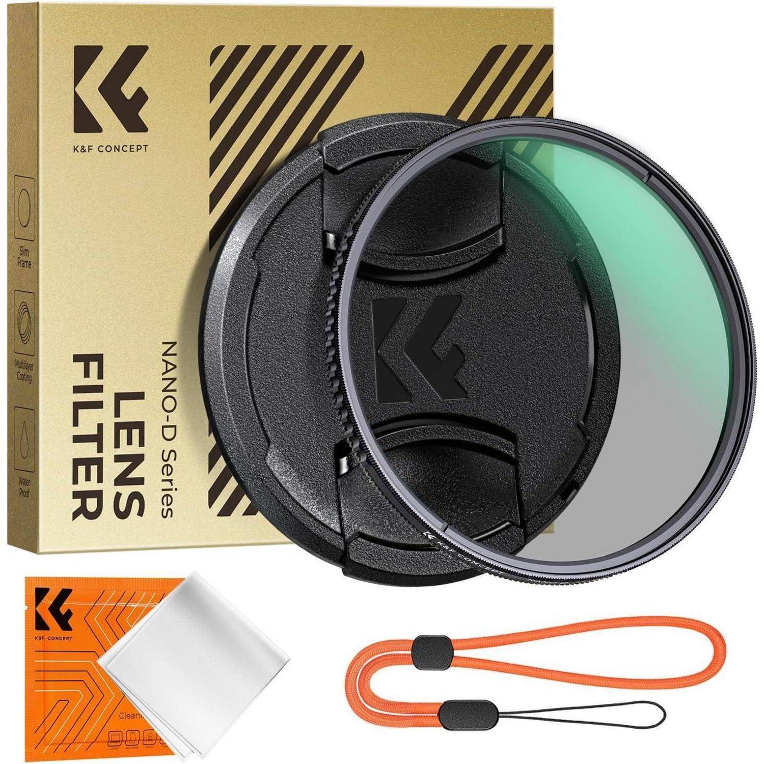 K&F Concept NANOD Series Objektivfilter mit Verpackung, Reinigungstuch und orangefarbigem Handgelenkband.