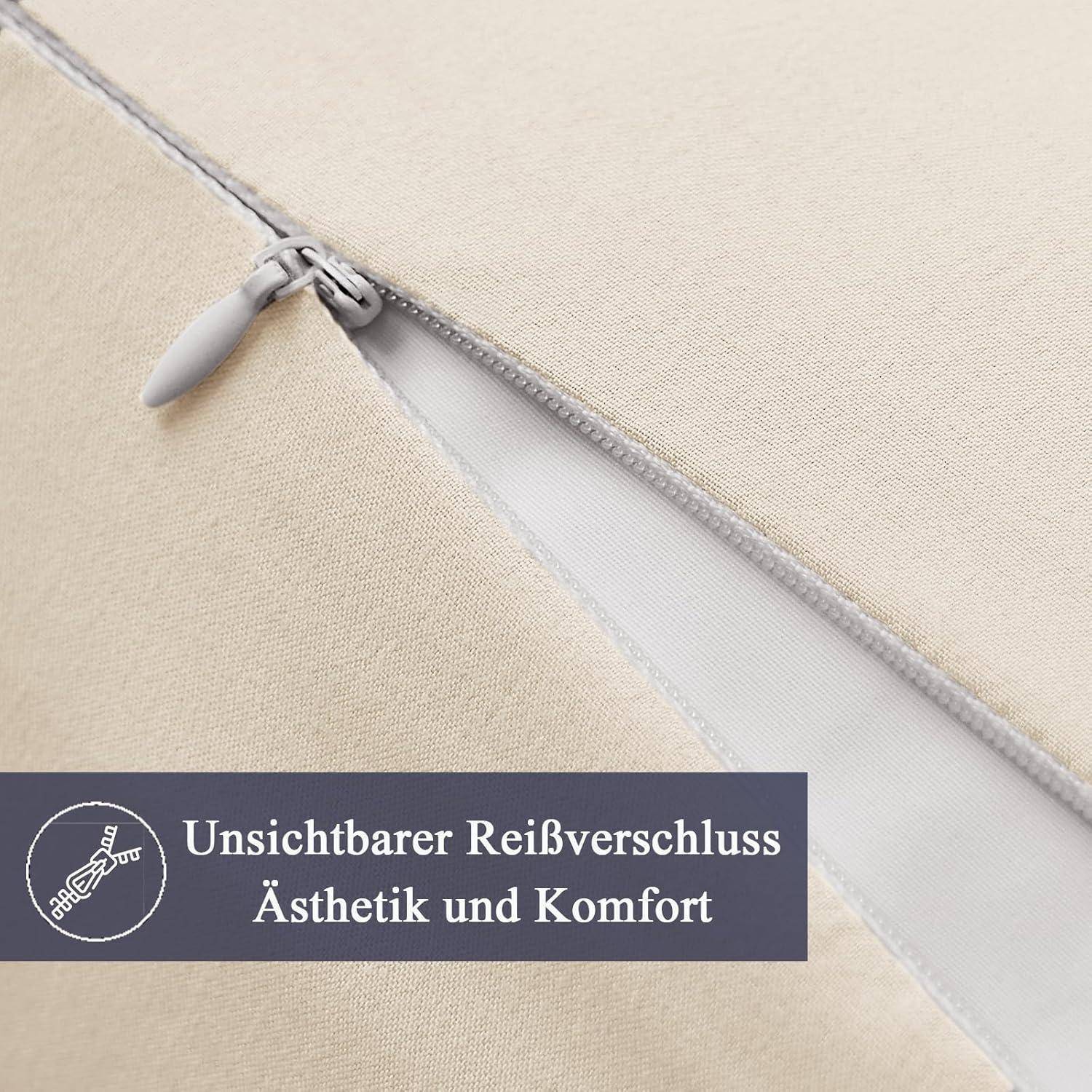 Eine Nahaufnahme eines beigen Kissens mit einem versteckten Reißverschluss. Der Text lautet ‚Unsichtbarer Reißverschluss Ästhetik und Komfort', der die Ästhetik und den Komfort hervorhebt.