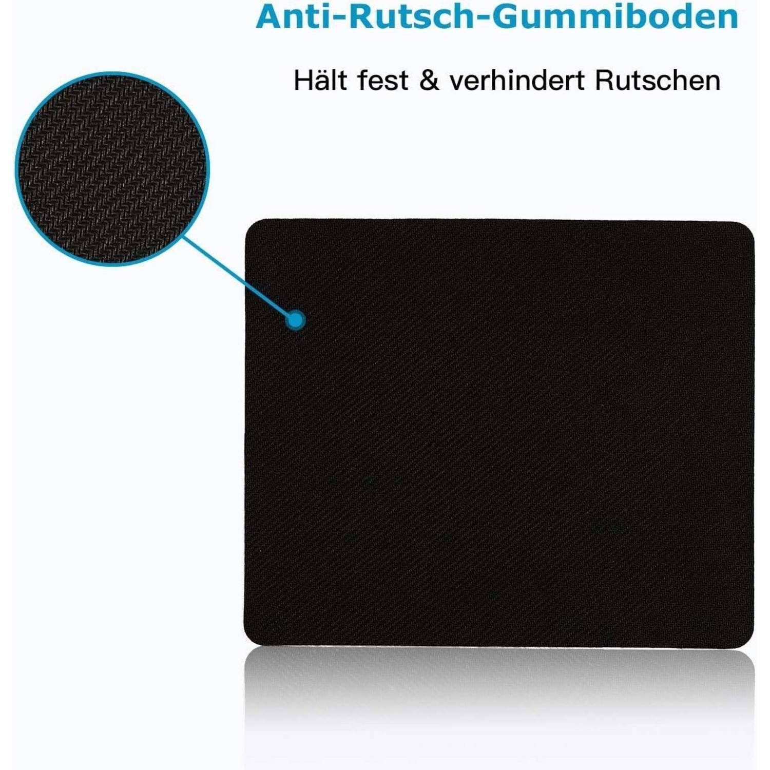 Schwarze rutschfeste Gummimatte mit einer Nahaufnahme ihrer strukturierten Oberfläche und dem Text 'Hält fest & verhindert Rutschen'.