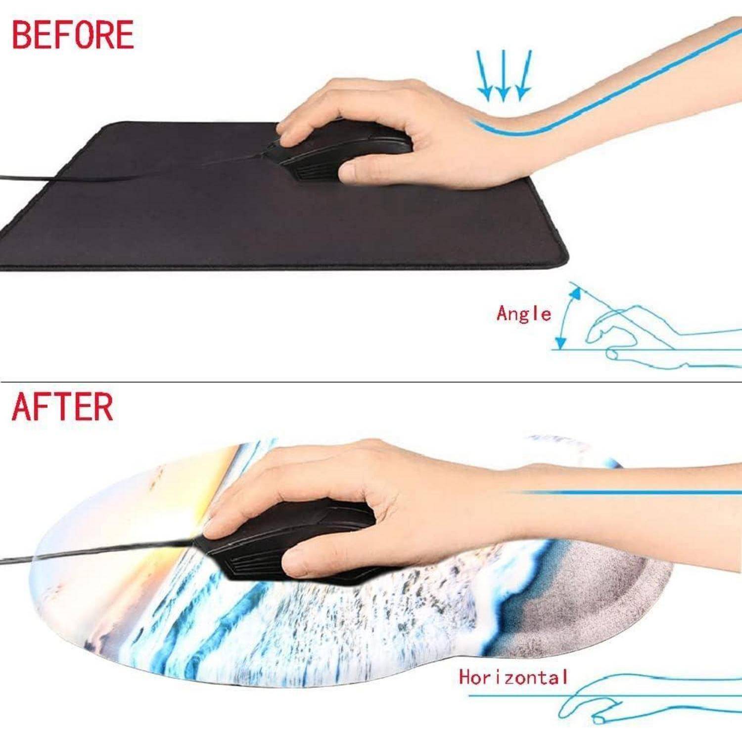 Das Bild vergleicht zwei Handpositionen bei der Verwendung einer Computermaus. Die 