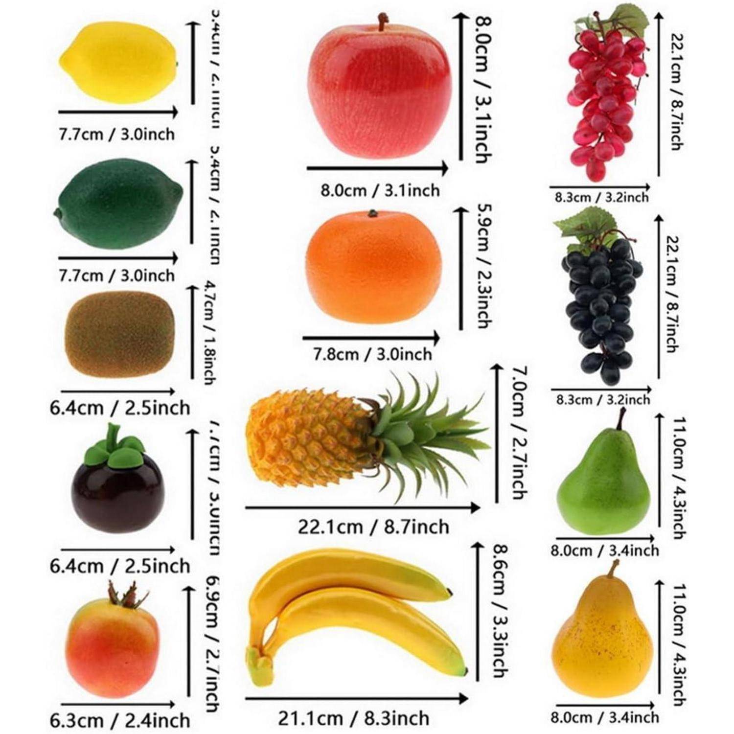 Verschiedene Früchte mit Abmessungen in Zentimetern und Zoll werden dargestellt, einschließlich Zitronen, Äpfel, Kiwis und Bananen. Die Messungen zeigen Größenunterschiede.