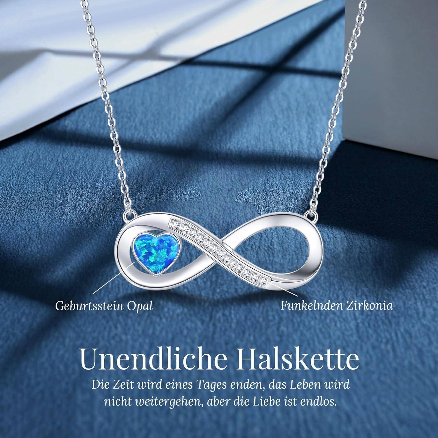 Halskette Damen Infinity Herz 925 Silber Geburtsstein Opal-12-Dec