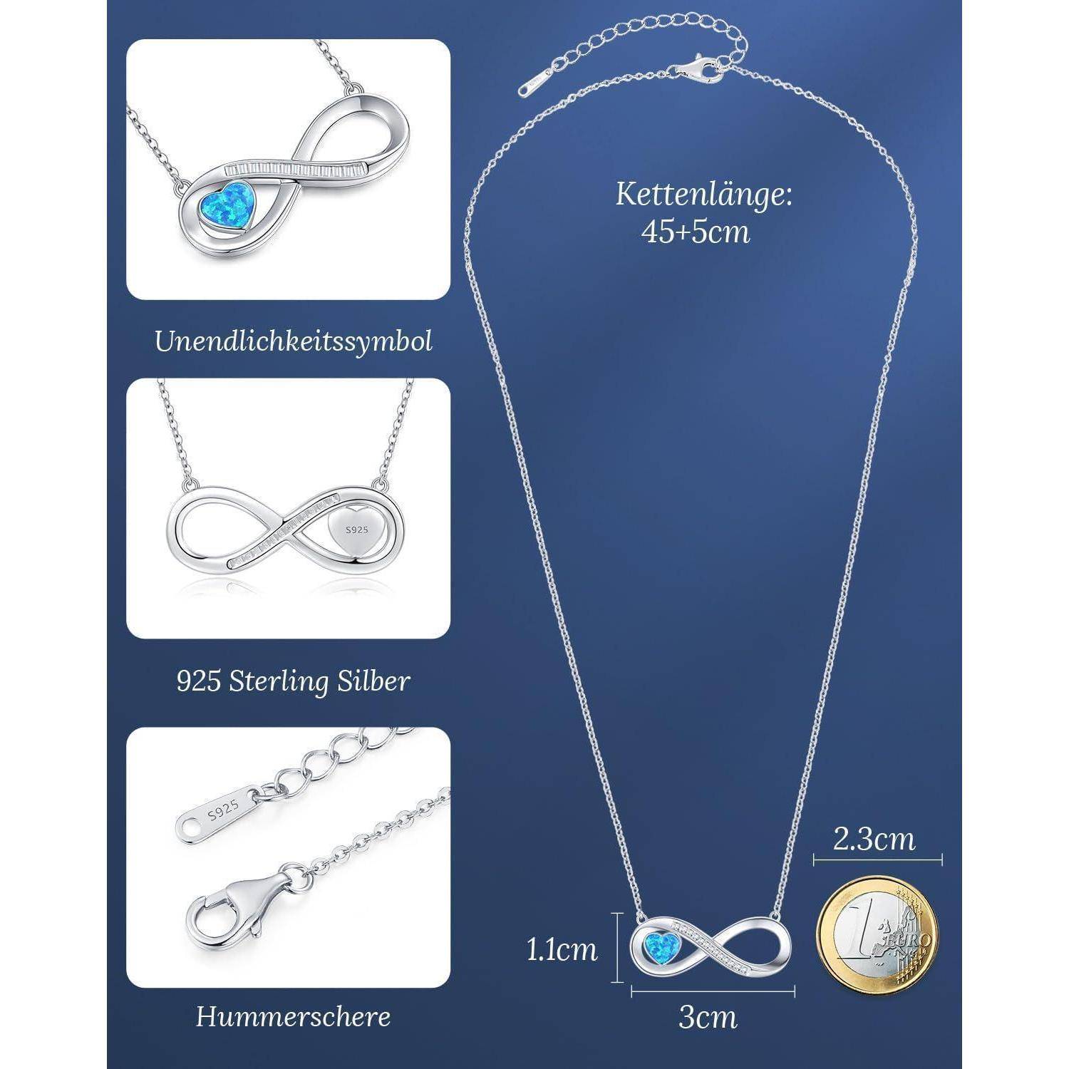Halskette Damen Infinity Herz 925 Silber Geburtsstein Opal-12-Dec