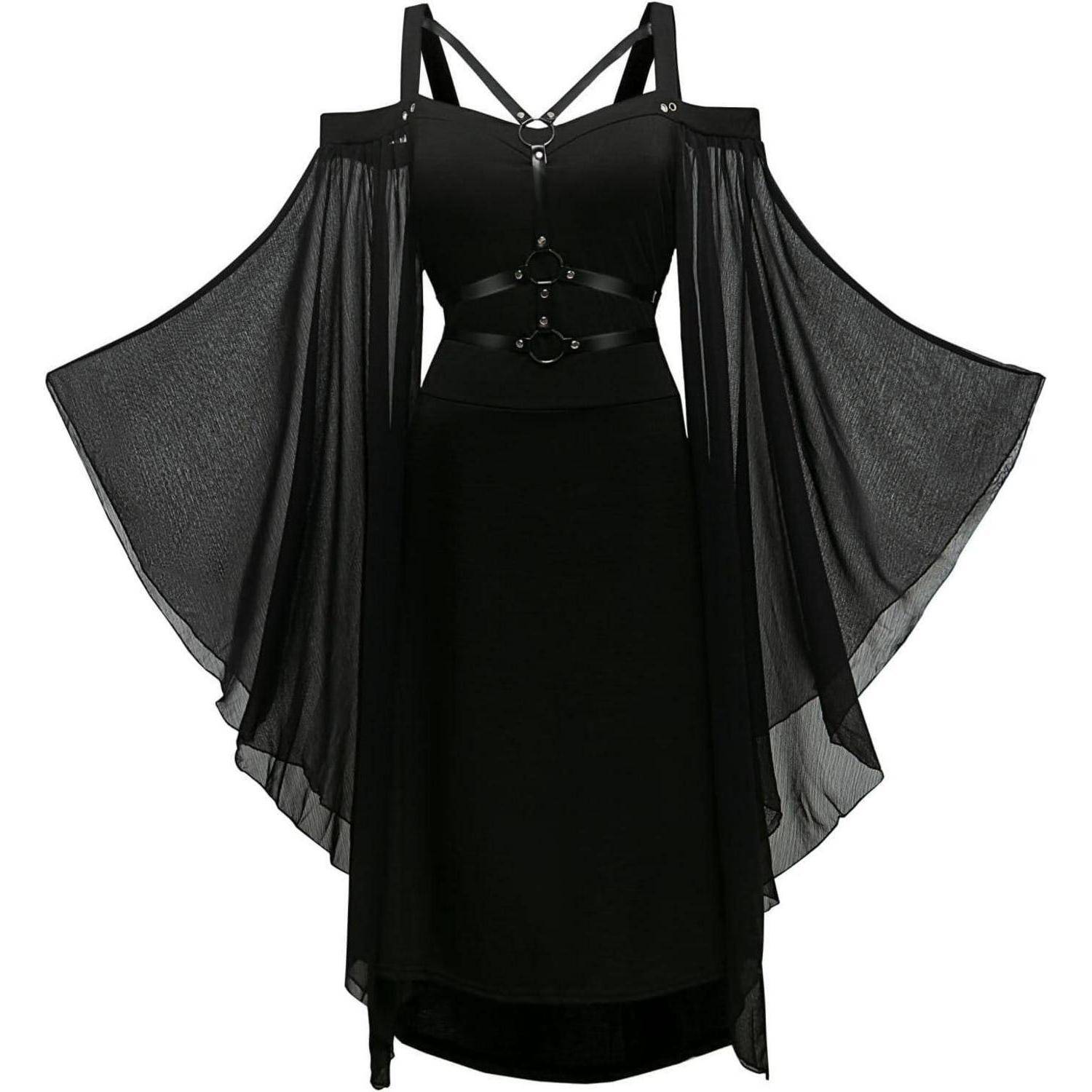 Kleid Gothic Damen Schwarz Mittelalterlich Trompetenärmel 5XL Schwarze