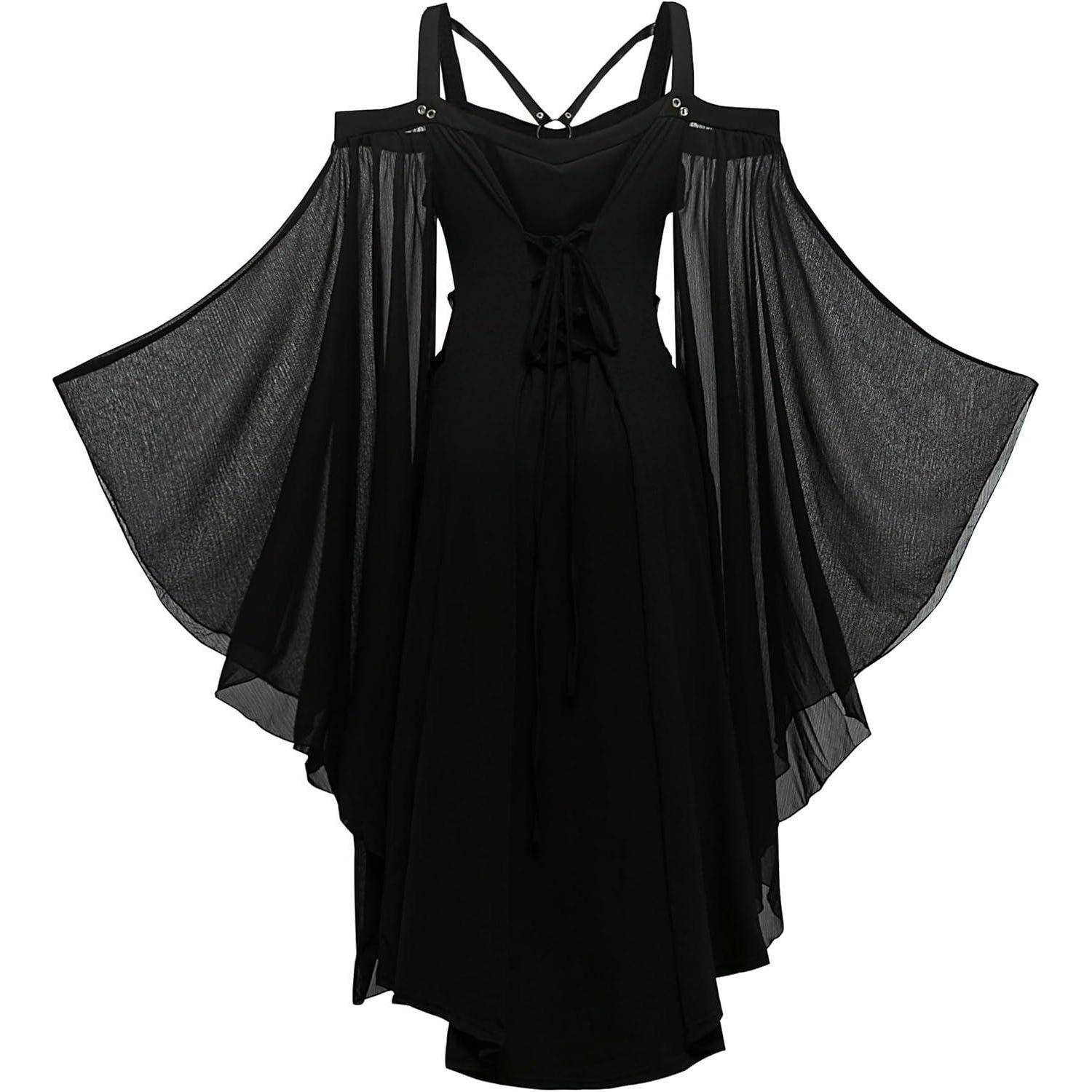 Kleid Gothic Damen Schwarz Mittelalterlich Trompetenärmel 5XL Schwarze