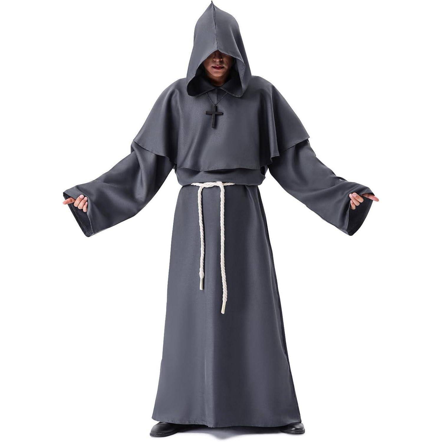 Mönchskutte Kostüm Herren Halloween Kapuze Grau XL