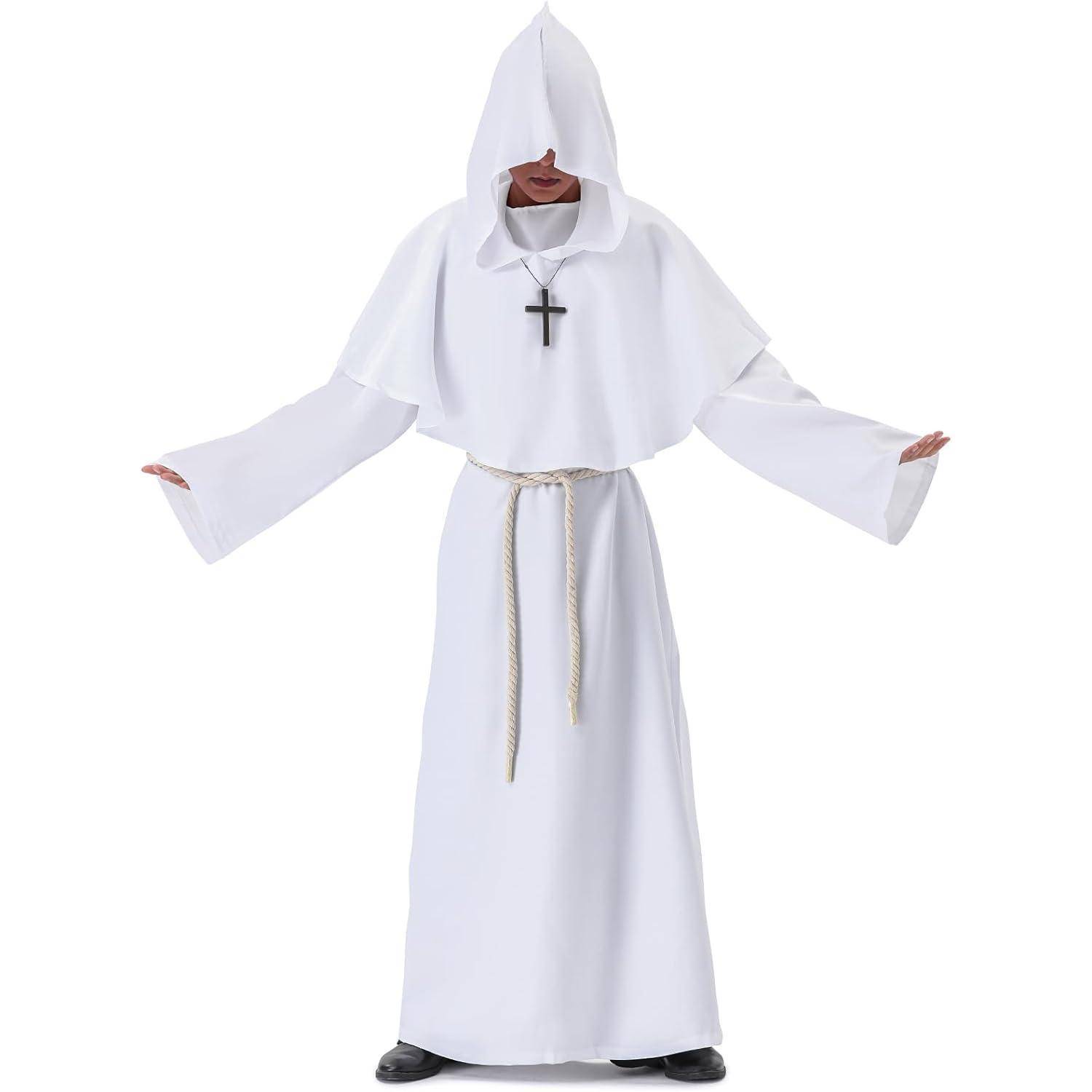 Mönchskutte Kostüm Kapuze Priester Herren Halloween Weiß L