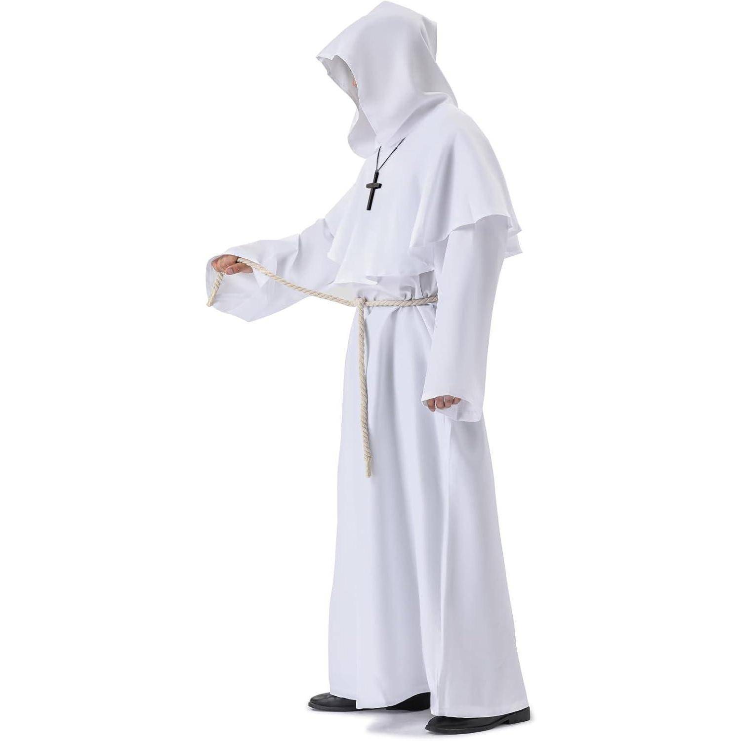 Mönchskutte Kostüm Kapuze Priester Herren Halloween Weiß L
