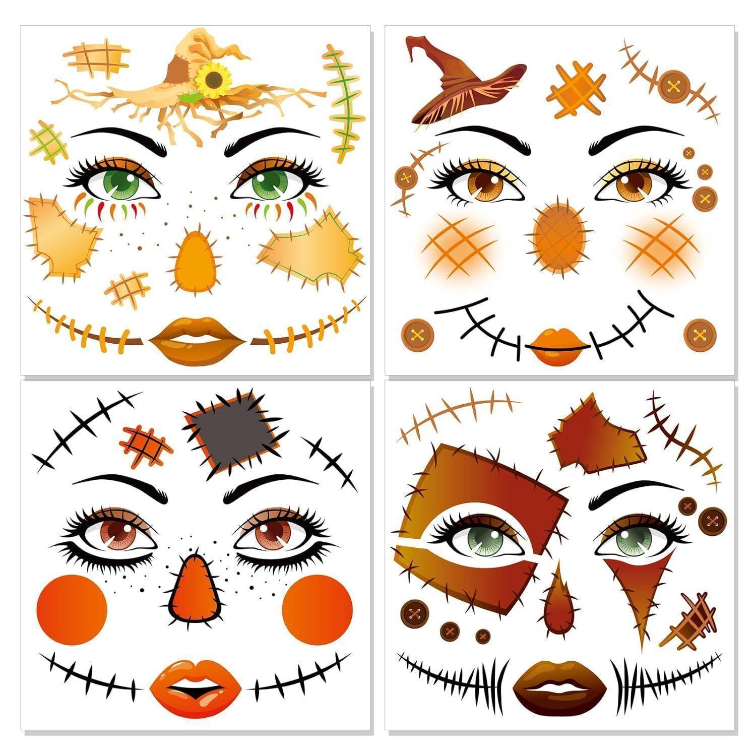 Gesichtstattoo Halloween Karneval Kostüm 4 Bogen Vogelscheuche
