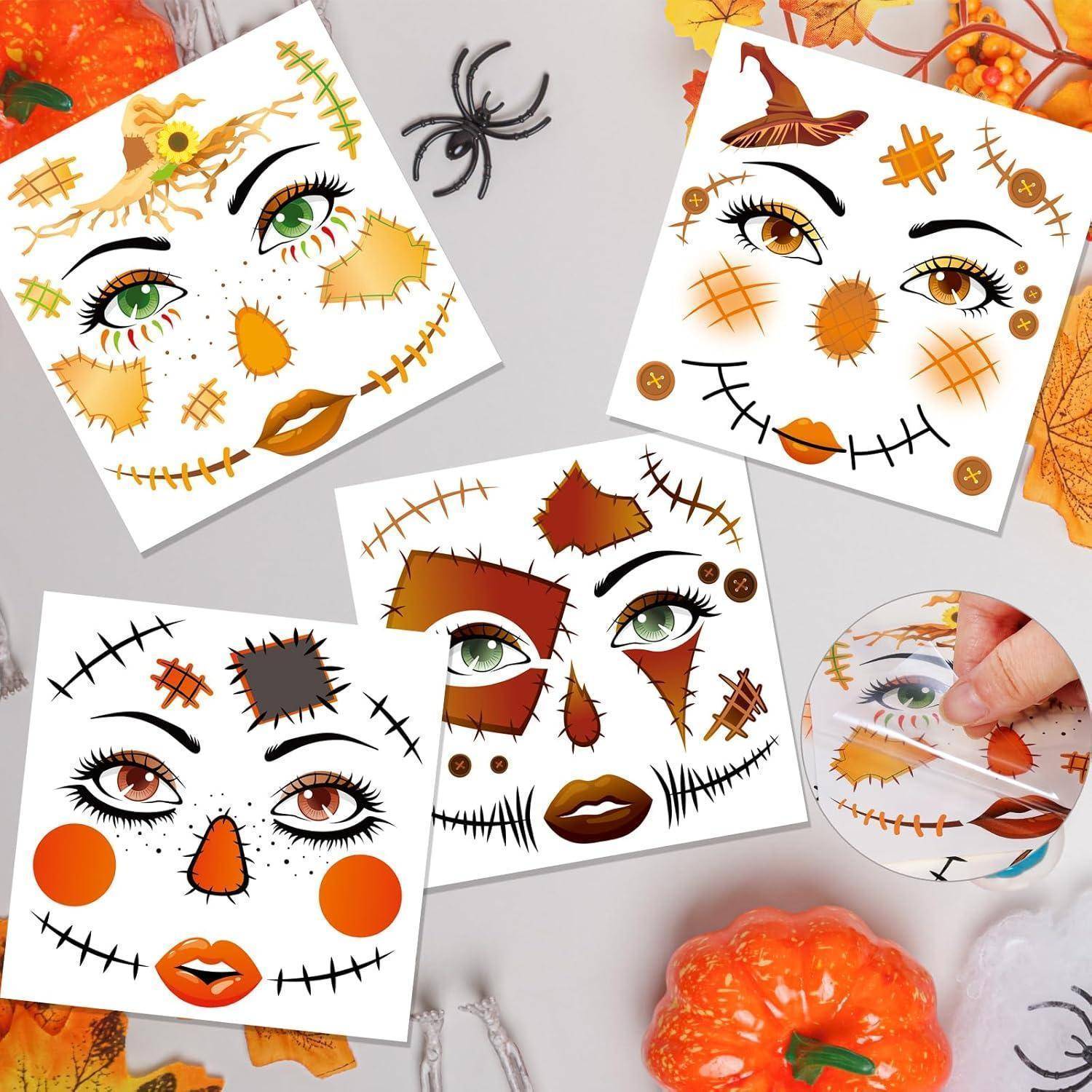 Gesichtstattoo Halloween Karneval Kostüm 4 Bogen Vogelscheuche