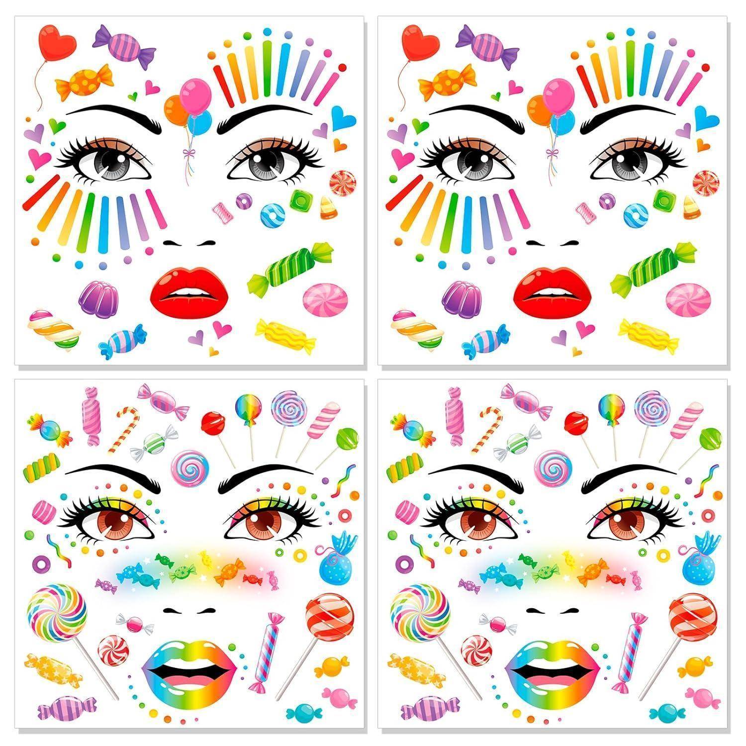 Gesichtstattoo 4 Bogen Karneval Köln Süßigkeiten Halloween Candy