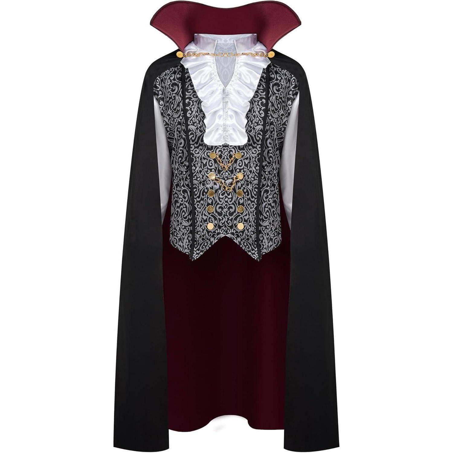 Ein detailliertes Vampirkostüm-Ensemble mit einem schwarzen Umhang, einer kunstvoll gemusterten Weste, einem gerüschten weißen Hemd und einem dunkelroten Kragen, entworfen für Halloween.