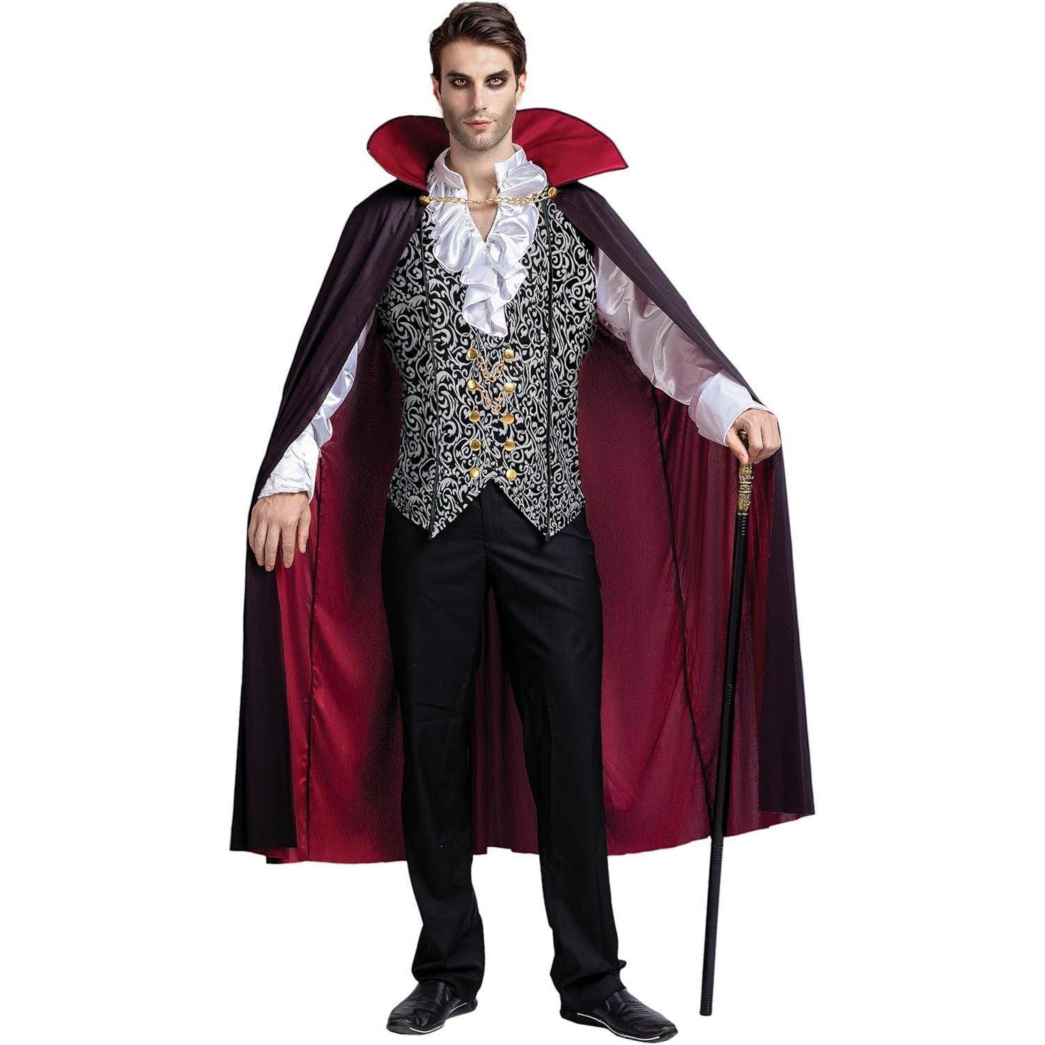 Eine Person in einem Vampirkostüm mit einem schwarz-roten Umhang, einer kunstvollen Weste, einem weißen Rüschenhemd, die einen Gehstock hält.